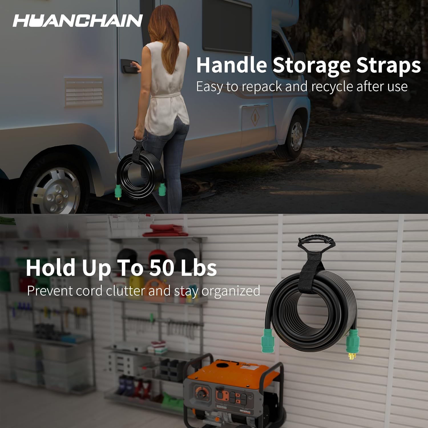 huanchain 3 Prong 30 Amp Generator Cord 100 Feet Heavy Duty,NEMA L5-30P/L5-30R 10 Gauge 125V SJTW Green Lock Generator Extension Cord Waterproof, ETL Listed