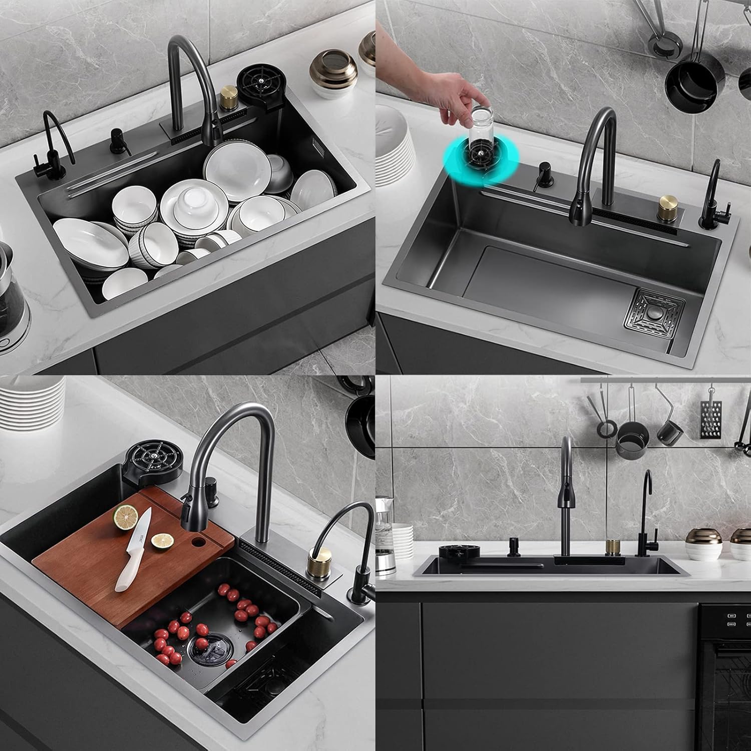 Kitchen Sink Flying rain Waterfall Single Sink with Pull-Out tap, pressurised Cup Washer, Chopping Board and Other Accessories Workstation - Gun Grey, 80 * (