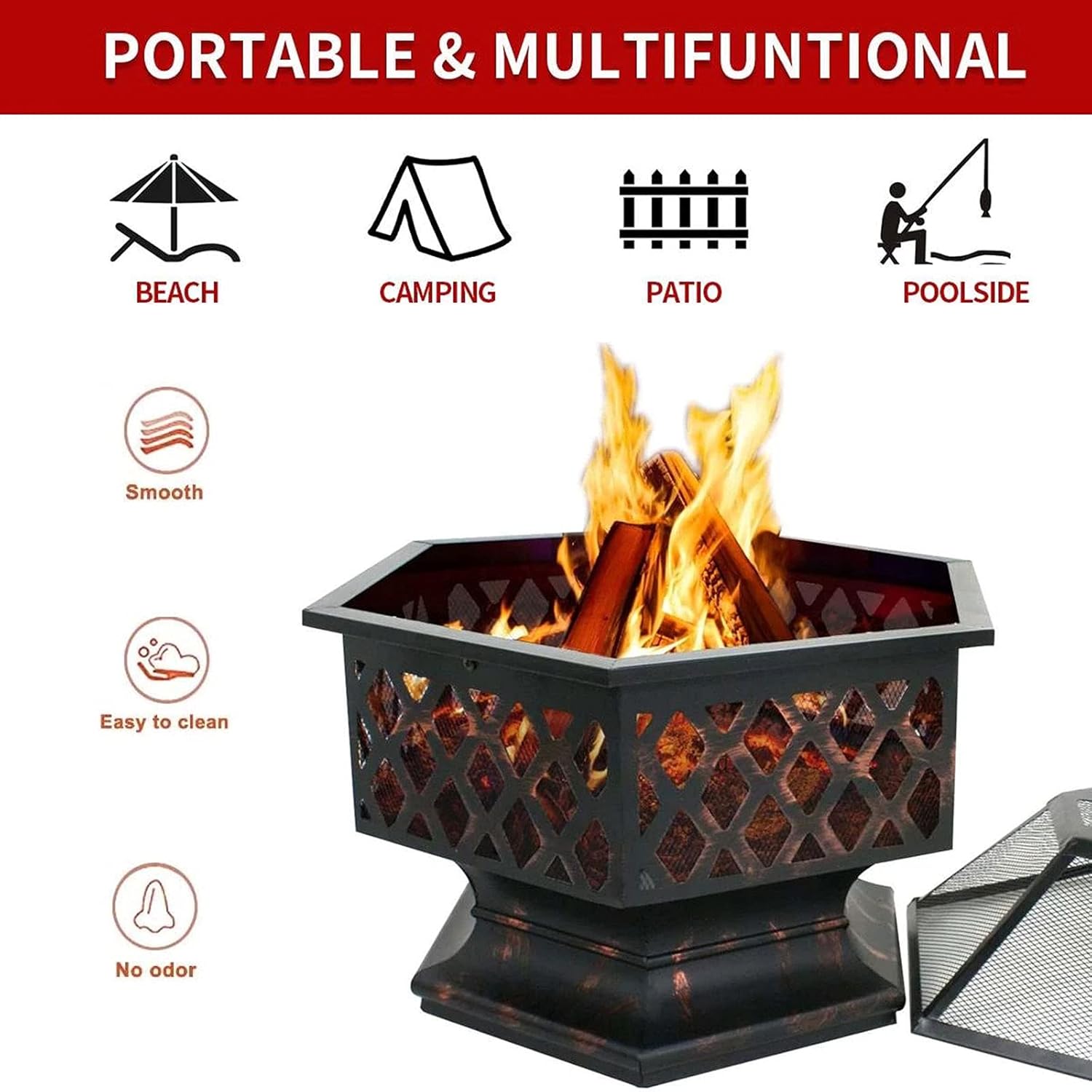 Outdoor 3 in 1 Portable BBQ Fire Pits,24 Inch Wood Burning Firepits with Spark Screen Poker,Portable Fire Pit Use