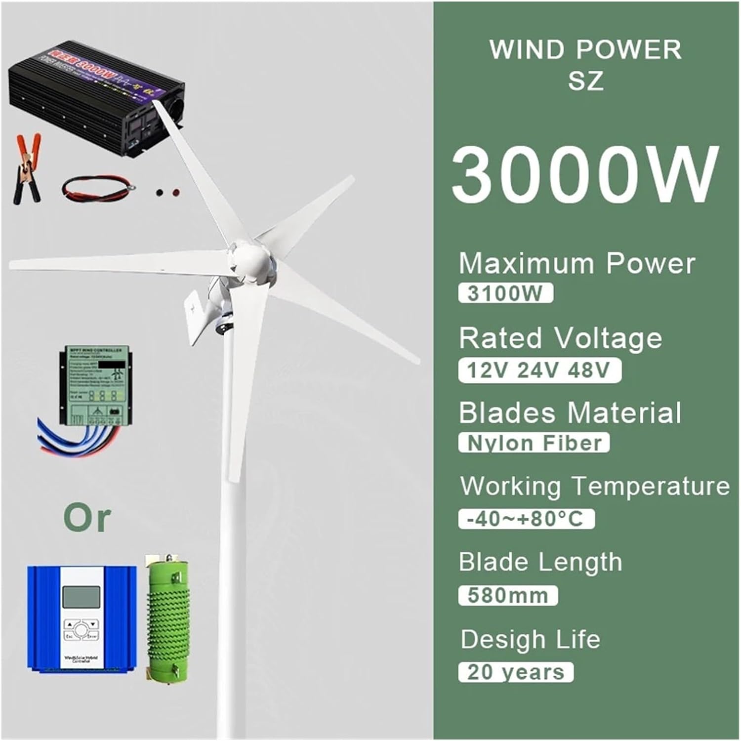 3000W Wind Turbine Generator Kit, Horizontal Wind Turbine Generator 12V 24V 48V Powerful Dynamo with MPPT Off Grid System Homeuse Windmill Low Starting Speed for Home(Off Grid System,12V)