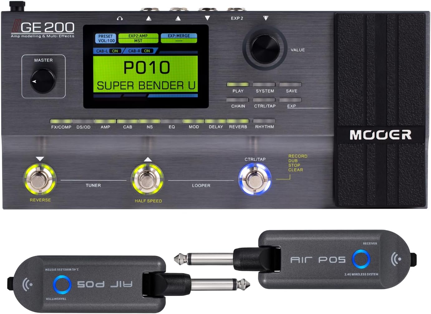 MOOER GE200 Amp Modelling Multi Effects with Air P05 Guitar Wireless System Cordless Guitar Cable