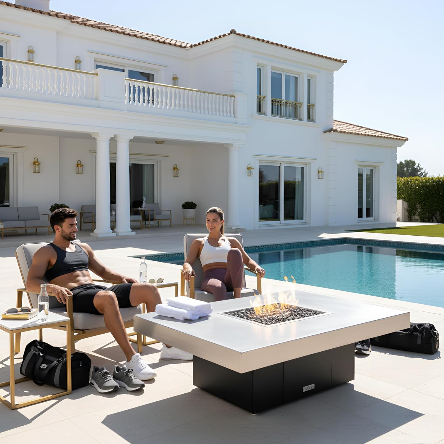 COOKE Santa Barbara Rectangular Fire Pit Table - 40 x 30 - Natural Gas - Brushed Aluminum Top - Black Powdercoat Base