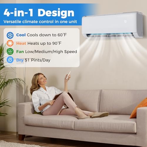 DORTALA 12000 BTU Mini Split Air Conditioner & Heater, 22 SEER2 115V Pre-Charged Inverter Heat Pump System with Remote Control, Installation Kit, Wall Mounted Ductless AC Unit, White