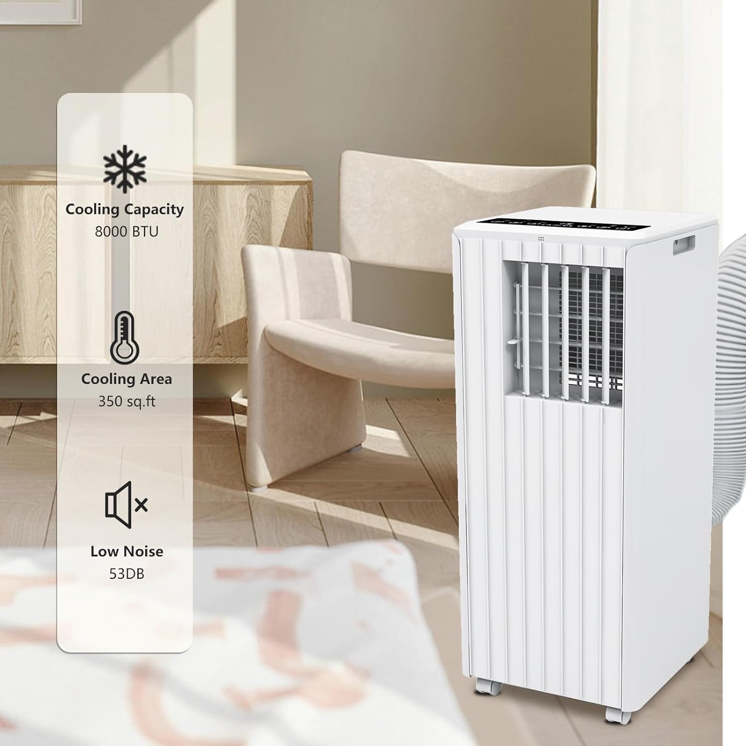8000 BTU Portable Air Conditioner, 350 Sq.Ft Coverage, 3-In-1 Cooling, Fan, Dehumidifier, with Remote Control, 24H Timer, with Remote Control, Sleep Modes, for Bedroom, Office