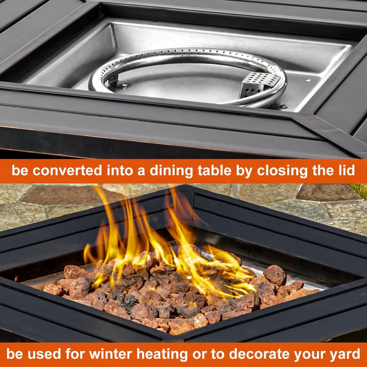 28 inch Propane Fire Pit Table,Gas Fire Pits Table for Outside,50000 BTU Propane Firepit with Lid &Lava Rocks,Gas Firepit for Garden,Yard (Black)