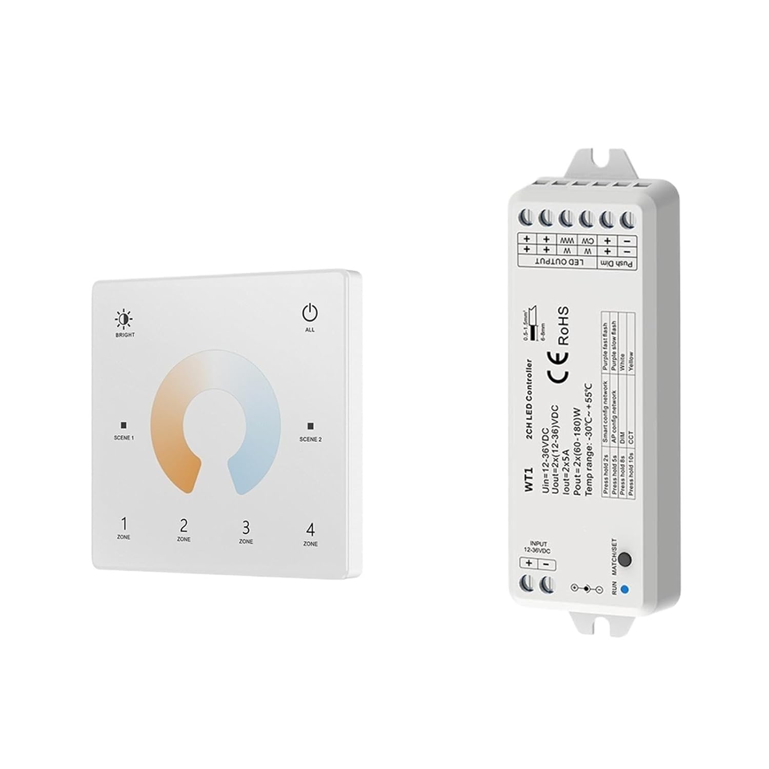 WT1 LED Dimmer 2 Channel 12V 24V 36V CCT Remote Control 4 Zone Touch Switch(WT1 and TW2-4 W KIT)