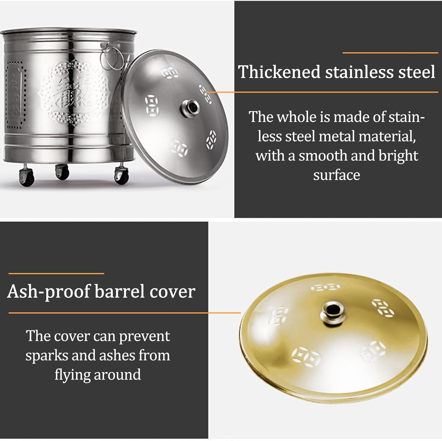 Fire Pit Stainless Steel Incinerator Cage Paper Burner Incinerator with Lid Burn Barrel Wood Burning Fire Pit Backyard Bonfire Fire Pit for Home and Garden.(Silver,48x53CM/18.9x20.9IN)