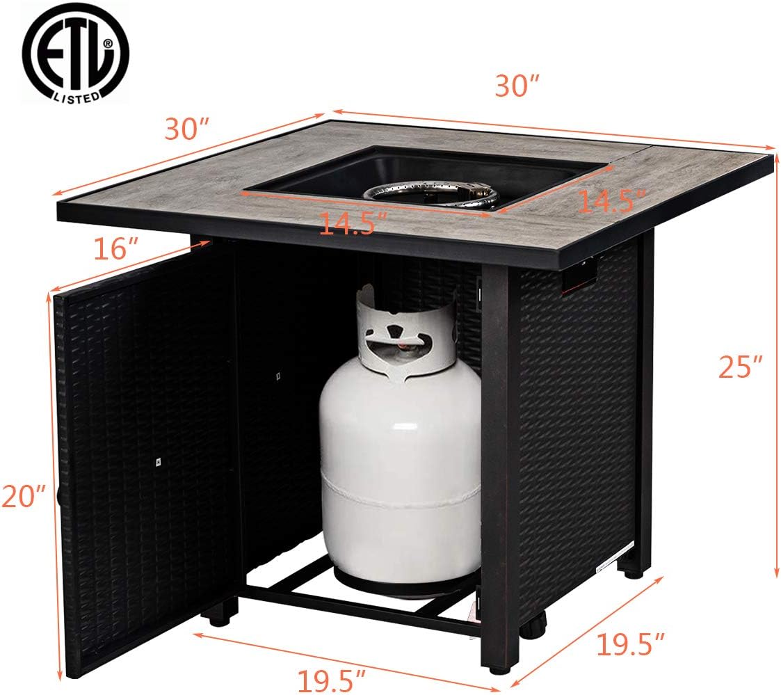 Giantex Propane Fire Pit Table, 30 inch 50,000 BTU Square Gas Firepits w/Ceramic Tabletop, Emboss Gas Heater w/Lava Rock, Waterproof Cover, ETL and CSA Certification for Outside(Black & Gray)