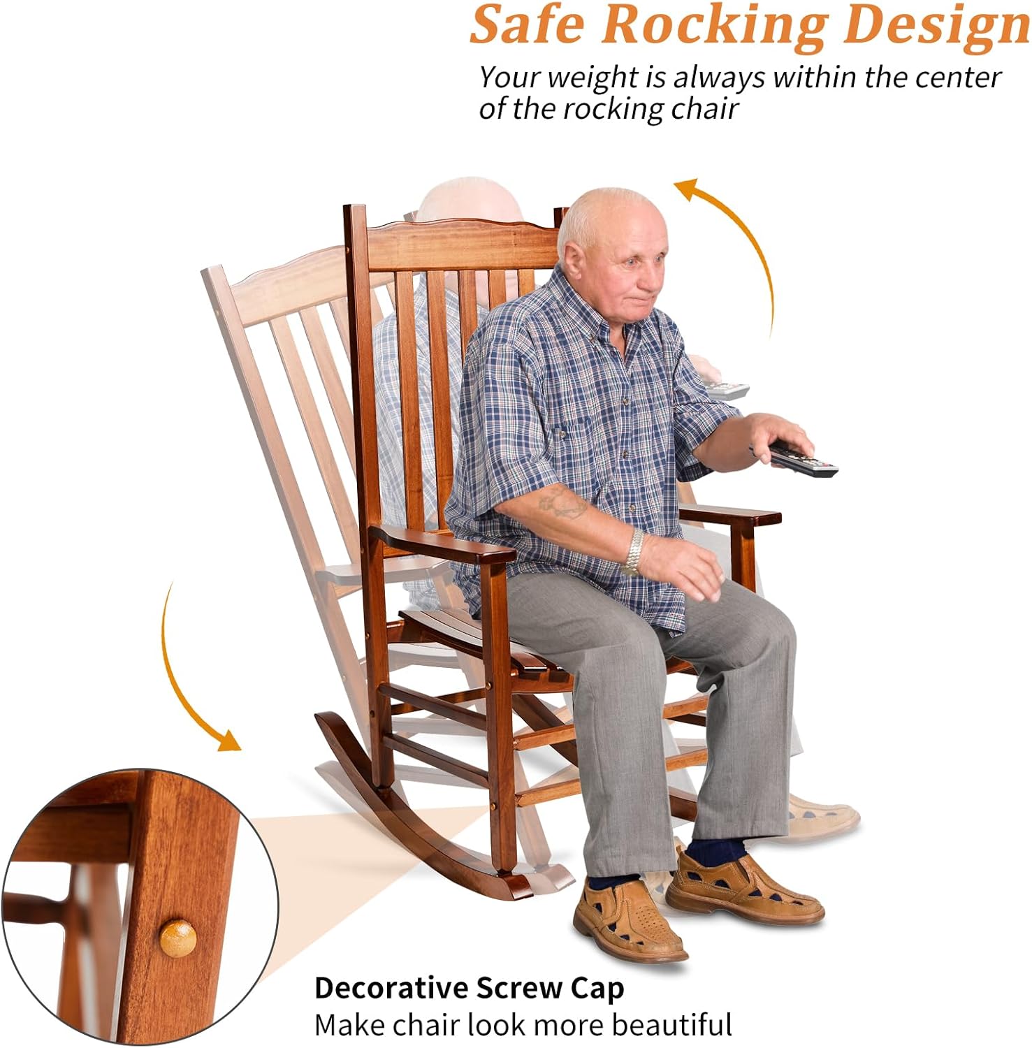 Outvita Outdoor Rocking Chair Set of 2, Solid Wood High Back Rocker, All Weather Lounge Chair for Porch Patio Fire Pit Garden Backyard Deck Indoor, Wave Shape, Natural