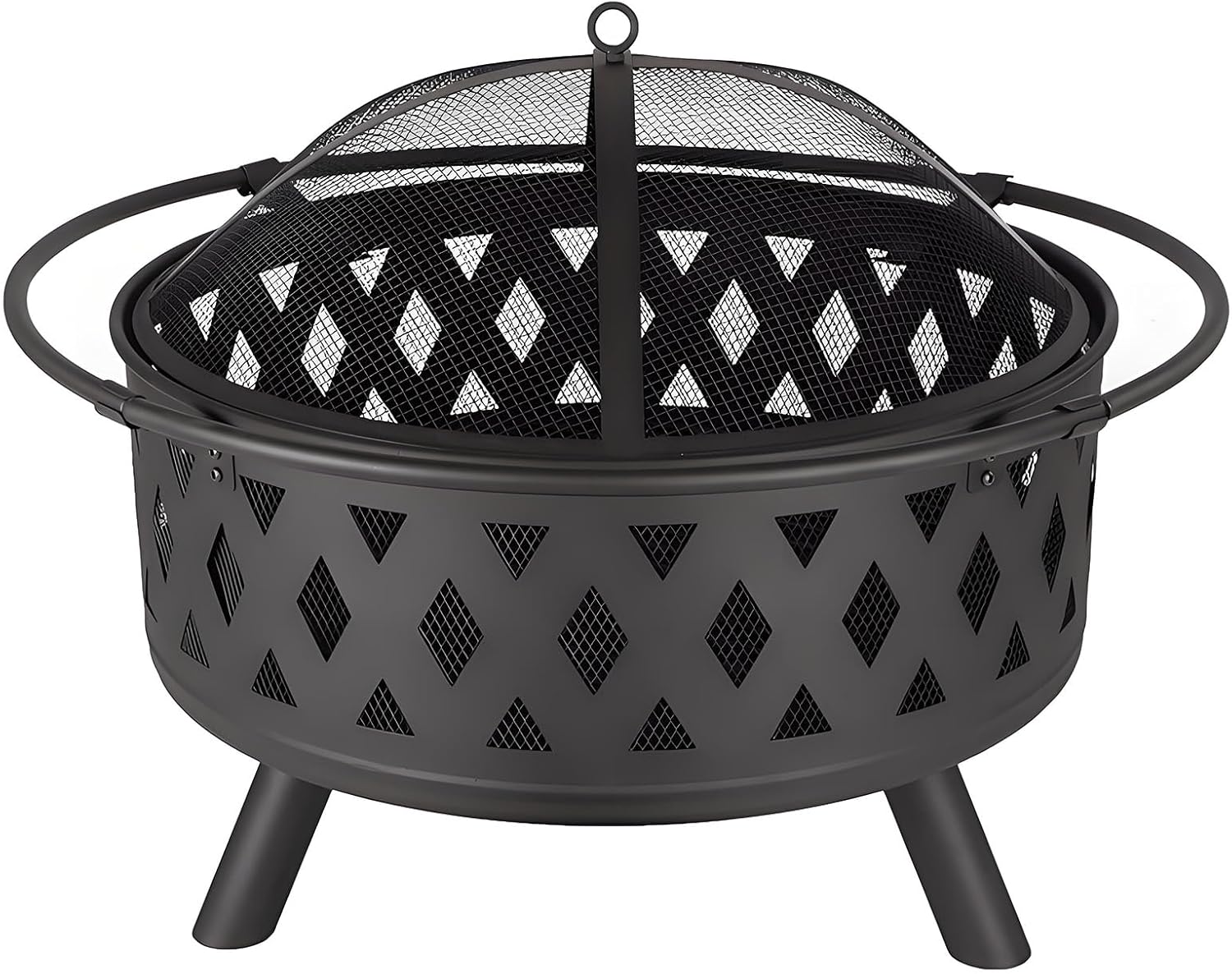 Round fire Pit with net Cover, fire Poker, Diamond mesh, Metal Wood Burning Outdoor fire Pit, Suitable for courtyards, backyards, Gardens, Bonfire Parties, Christmas, Thanksgiving, Halloween