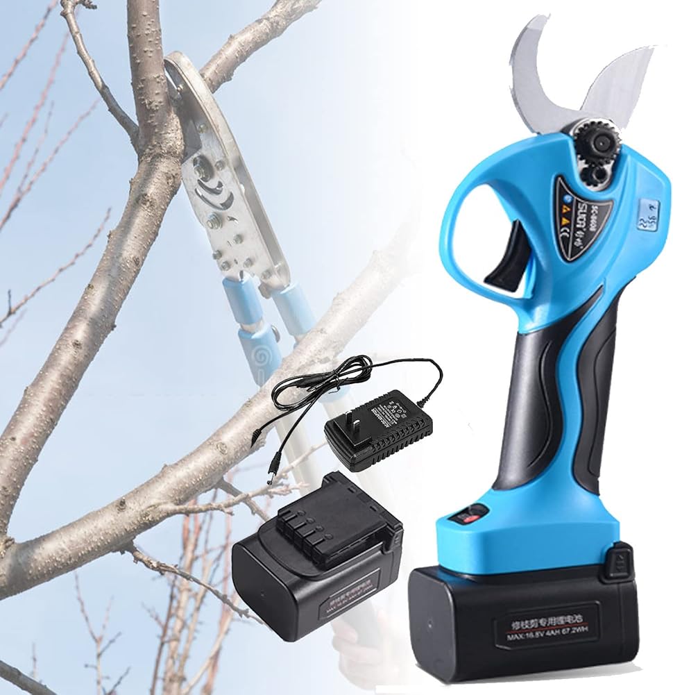 Electric Pruning Shears Cordless Gardening Secateurs 32mm Cutting Diameter Powerful Pruning Scissors with Toolbox with Reach Extension Pole, LCD Display Screen,Blue-WithExtensionBar