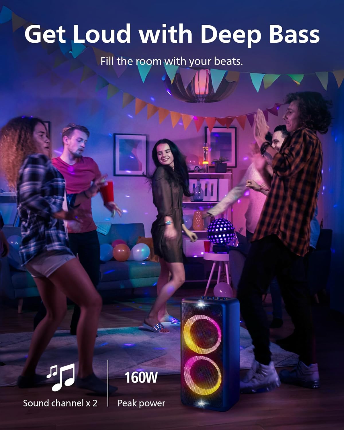 Philips X5206 bluetooth party speaker, portable with wheels, exciting light show, karaoke machine with microphone and Guitar Input, powerful bass & subwoofer, long playtime, perfect for outdoor events