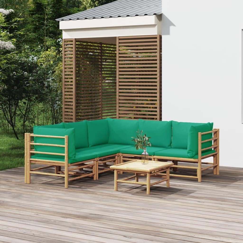6 Piece Patio Lounge Set with Green Cushions Bamboo Garden Furniture