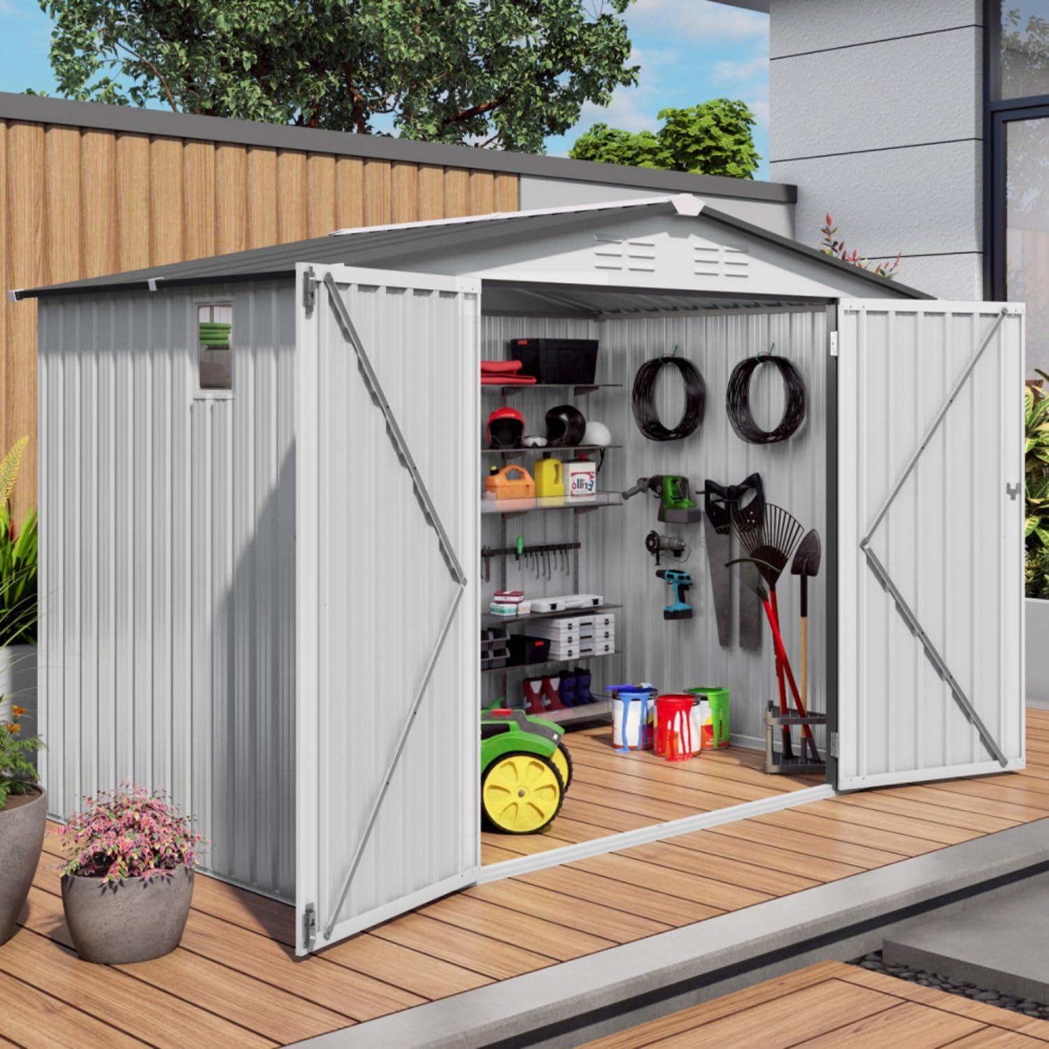 8x6 FT Outdoor Storage Shed, Metal Tool Sheds with Lockable Doors & Clear Windows, Waterproof Outside Storage Shed, Large Storage Building for Backyard, Patio, Balcony, White