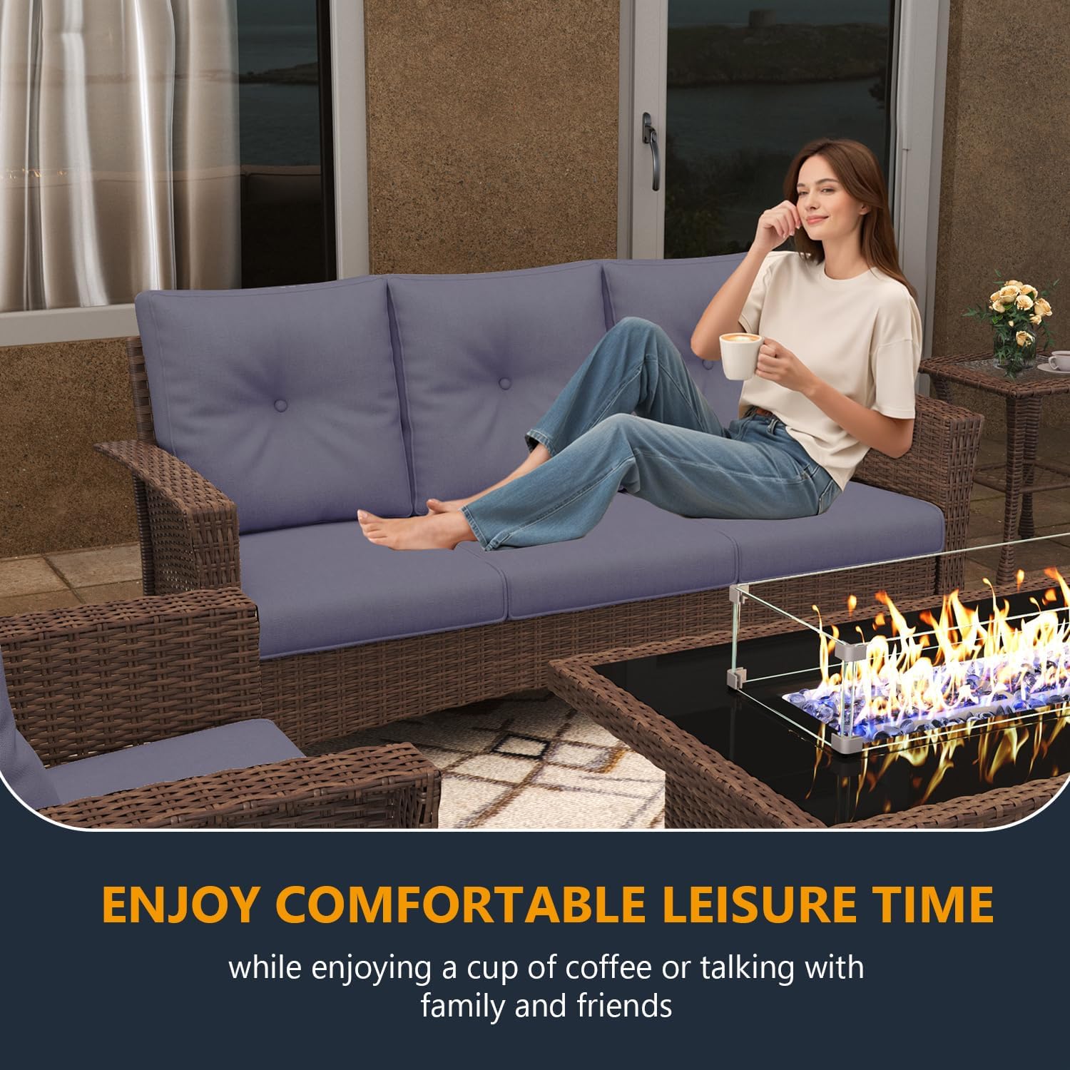 10 Pieces Outdoor Patio Furniture Set with Fire Pit Table, Wicker Patio Sectional Set Conversation Wicker Swivel Chairs with Small Side Table