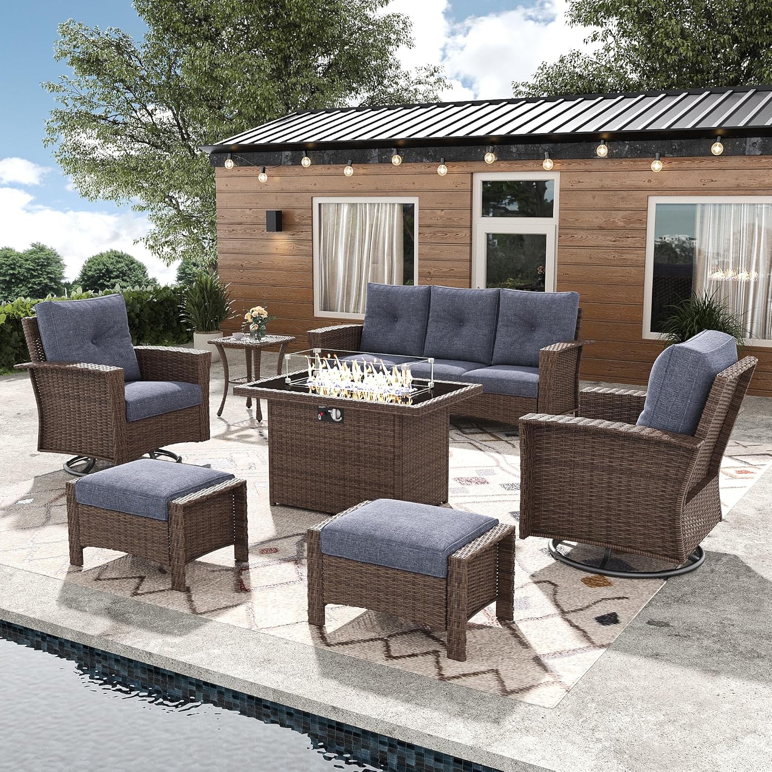 7 Pieces Outdoor Patio Furniture Set with Fire Pit Table, Wicker Patio Sectional Set Conversation Wicker Swivel Chairs with Small Side Table