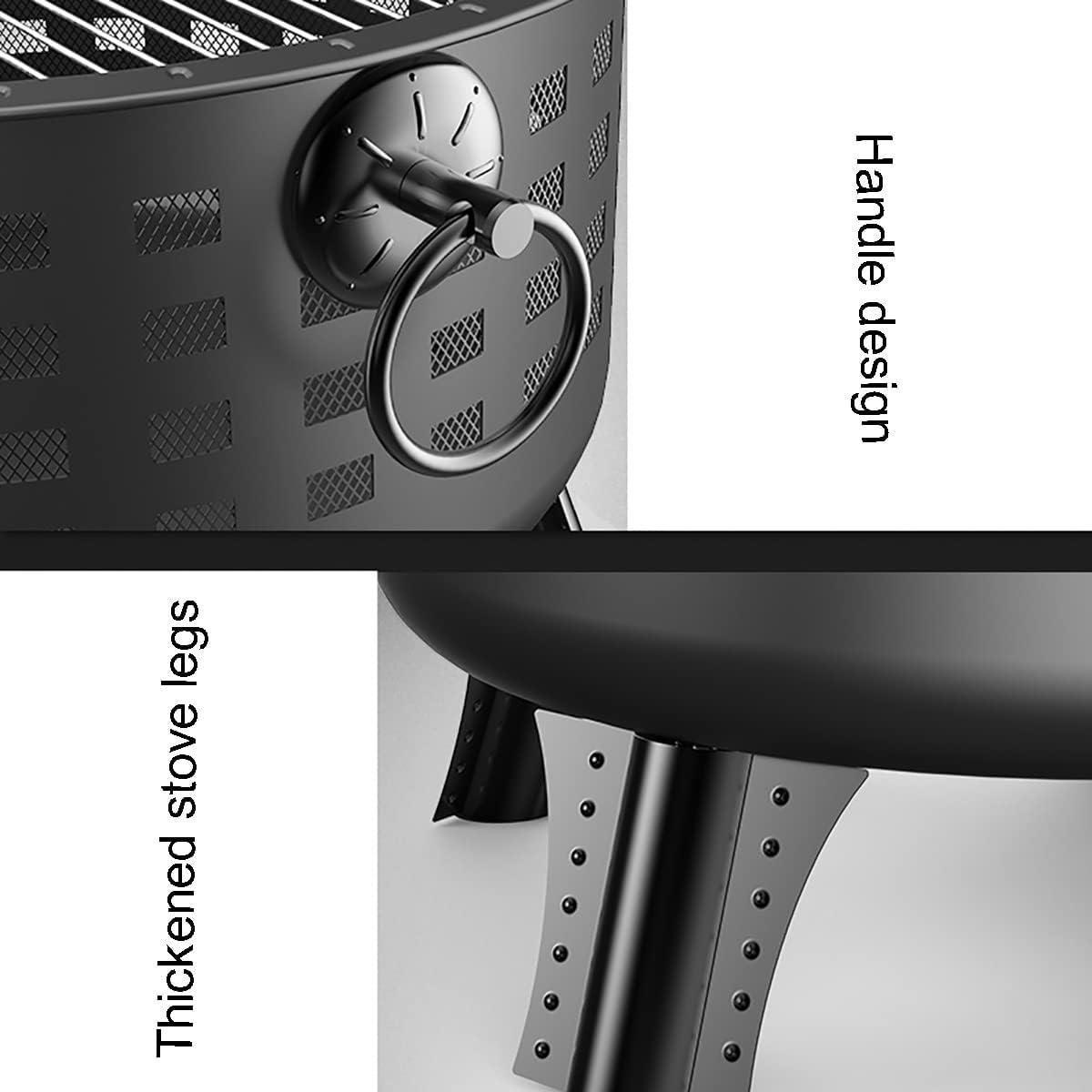 25.5inch Outdoor Wood Burning Fire Pits， Round Basin Camping Fire Pit，Household firewood Basin,with Ornate Black Base, Wood Poker, & Mesh Screen，for Patio Backyard Deck (Color : Black)