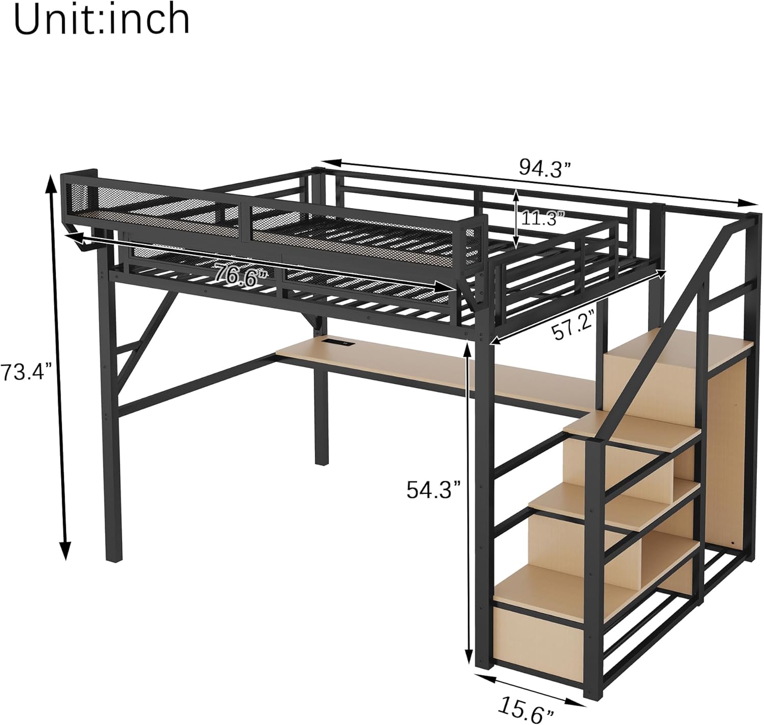 Full Loft Bed with Desk and Charging Station, Full Size Metal Loft Bed with Stairs and Light for Kids Teens, Black, Patent Products