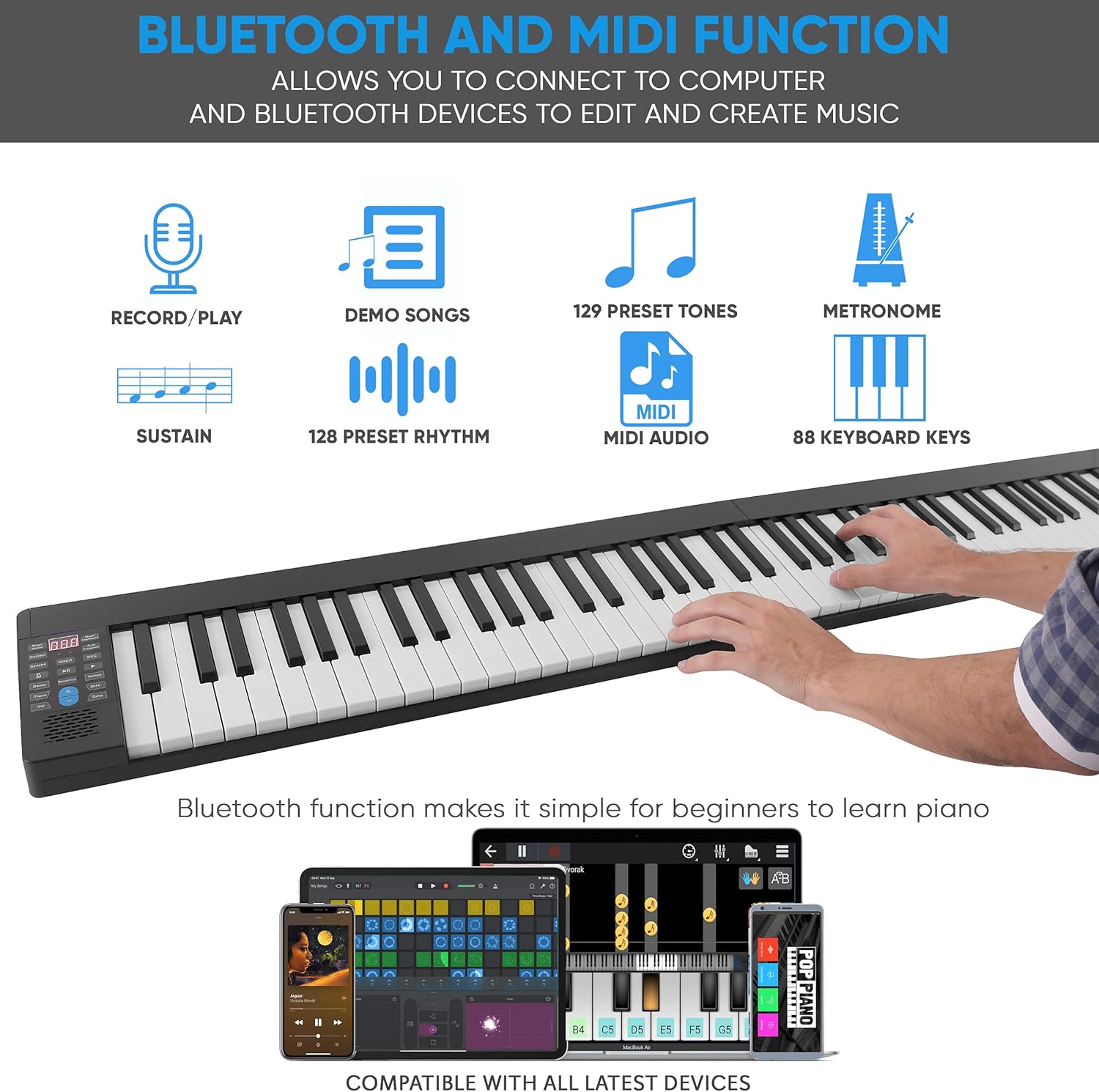 Pyle 88-Key Electric Piano Keyboard – Full Sized Bluetooth Enabled Keyboard with 28 Rhythms & Tones, Built-In Speaker, Sustain Pedal, Piano Bag, Portable Design, Ideal for Beginners and Professionals