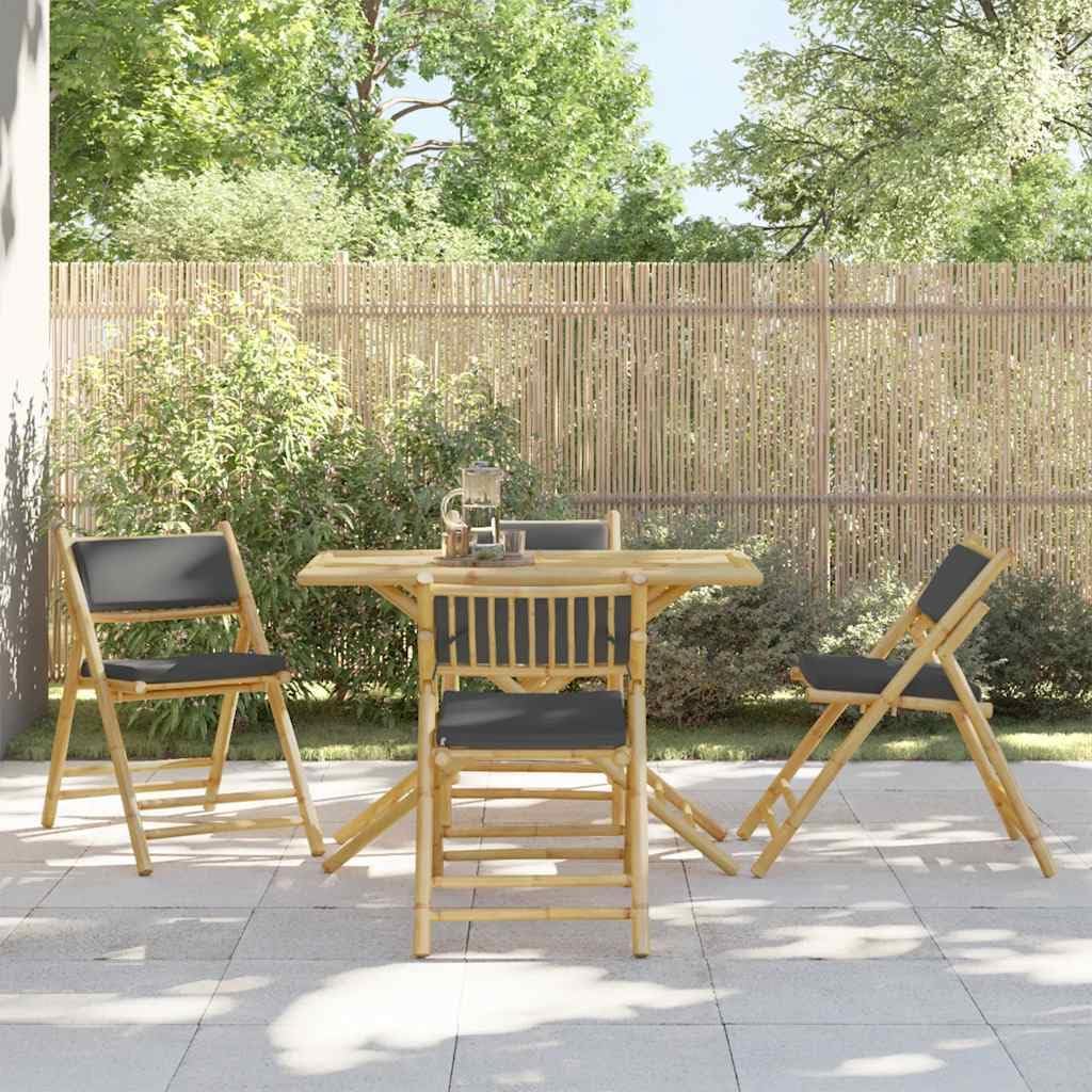 5 Piece Folding Bistro Set with Dark Gray Cushions Bamboo,Naturally-derived Bamboo Bistro Set with Comfortable Cushions for Patio, Balcony, and Backyard Outdoor Furniture Sets, Patio Furniture