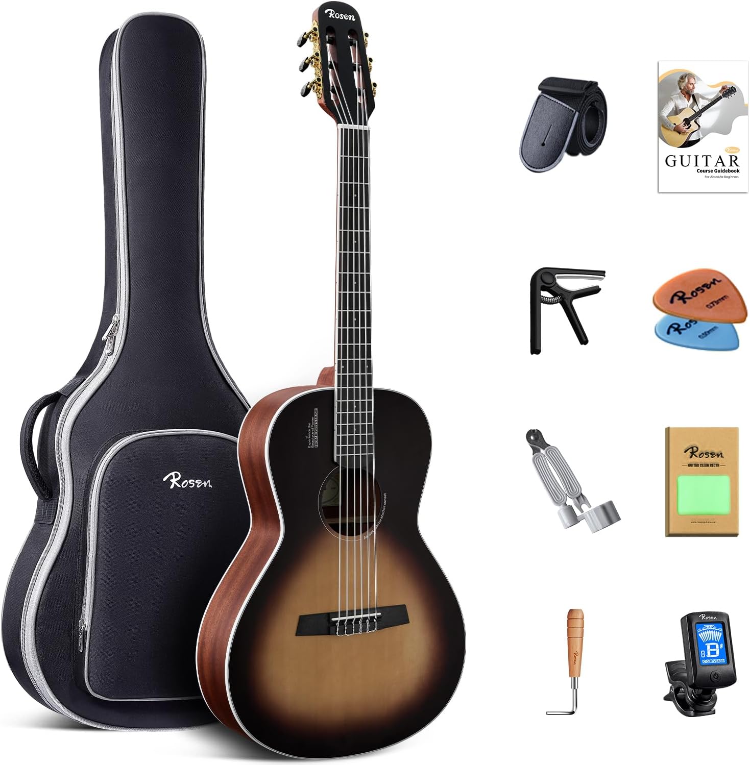 Rosen V1 Hybrid Acoustic Guitar for Beginners Adults Patented Body with Solid Spruce Top & Soft Touch Strings Thin Neck & Open Pore Matte 38 Inch,Black