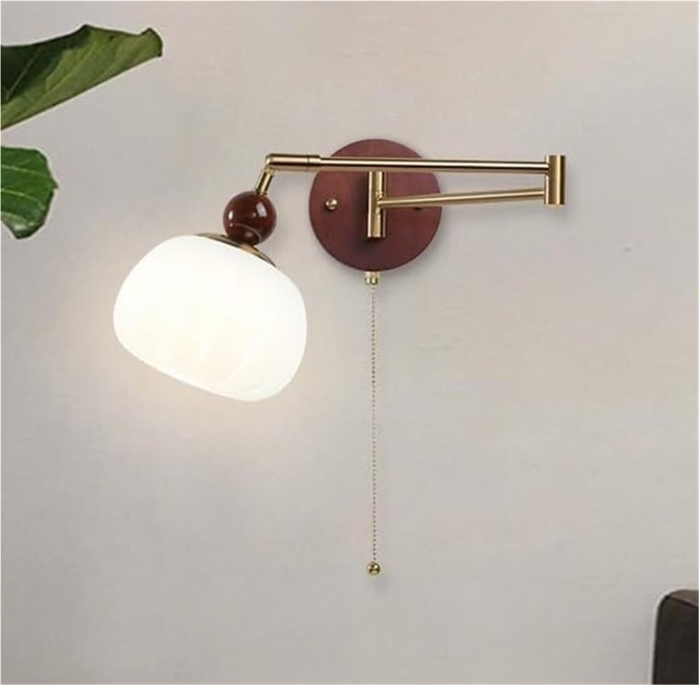 Vintage Wall Lighting Fixture with Pull Switch Walnut Base Nordic Indoor Wall Mounted Lamp American Adjustable Swing Arm Wall Sconce for Bedroom Living Room Hallway