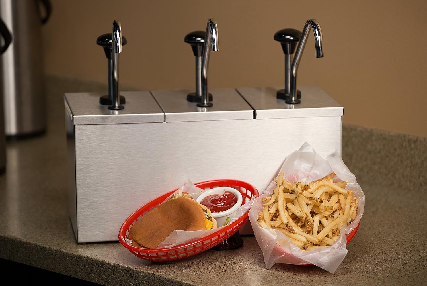 Carlisle FoodService Products Insulated Condiment Rail Condiment Center with 3 Pumps and Ice Packs for Gas Stations, Restaurants, And Fast Food, Stainless Steel, 15.88 x 7.5 x 13 Inches, Silver