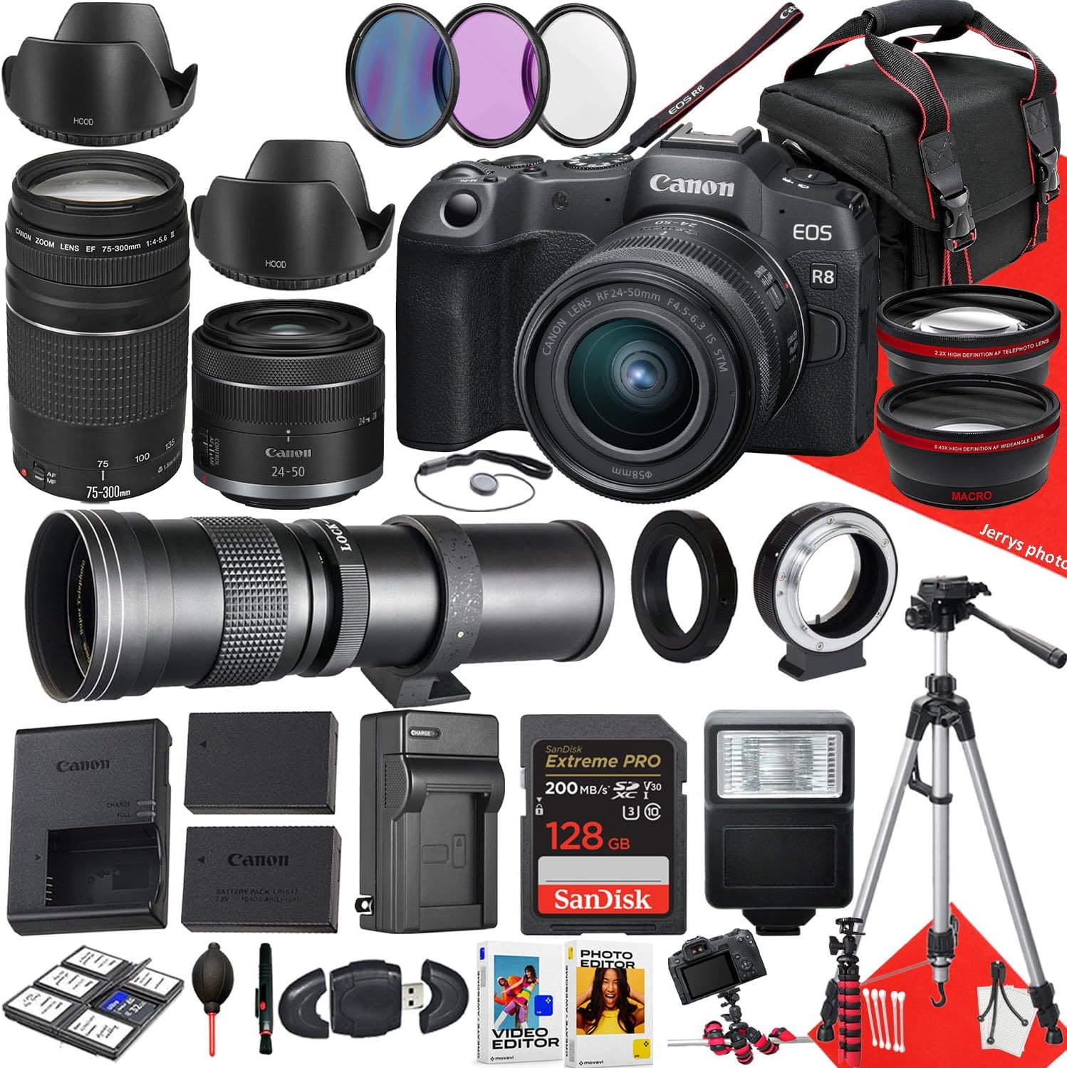 Canon EOS R8 Mirrorless Camera with 24-50mm, 75-300mm and 420-800mm Lens + 128 GB Memory + Hood + Filters + Tripod + More (34pc Bundle) (Renewed)