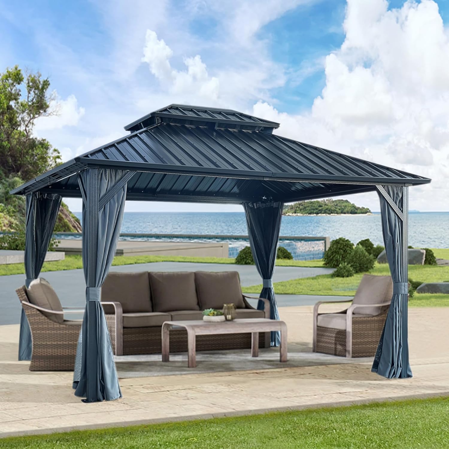 KEIKI 12*12FT Hardtop Gazebo with Netting and Curtains, Permanent Double Roof Waterproof Pergola, Aluminum Frame Galvanized Steel Canopy, Sunshade Pavilion for Outdoor Patio Lawn Backyard and Garden