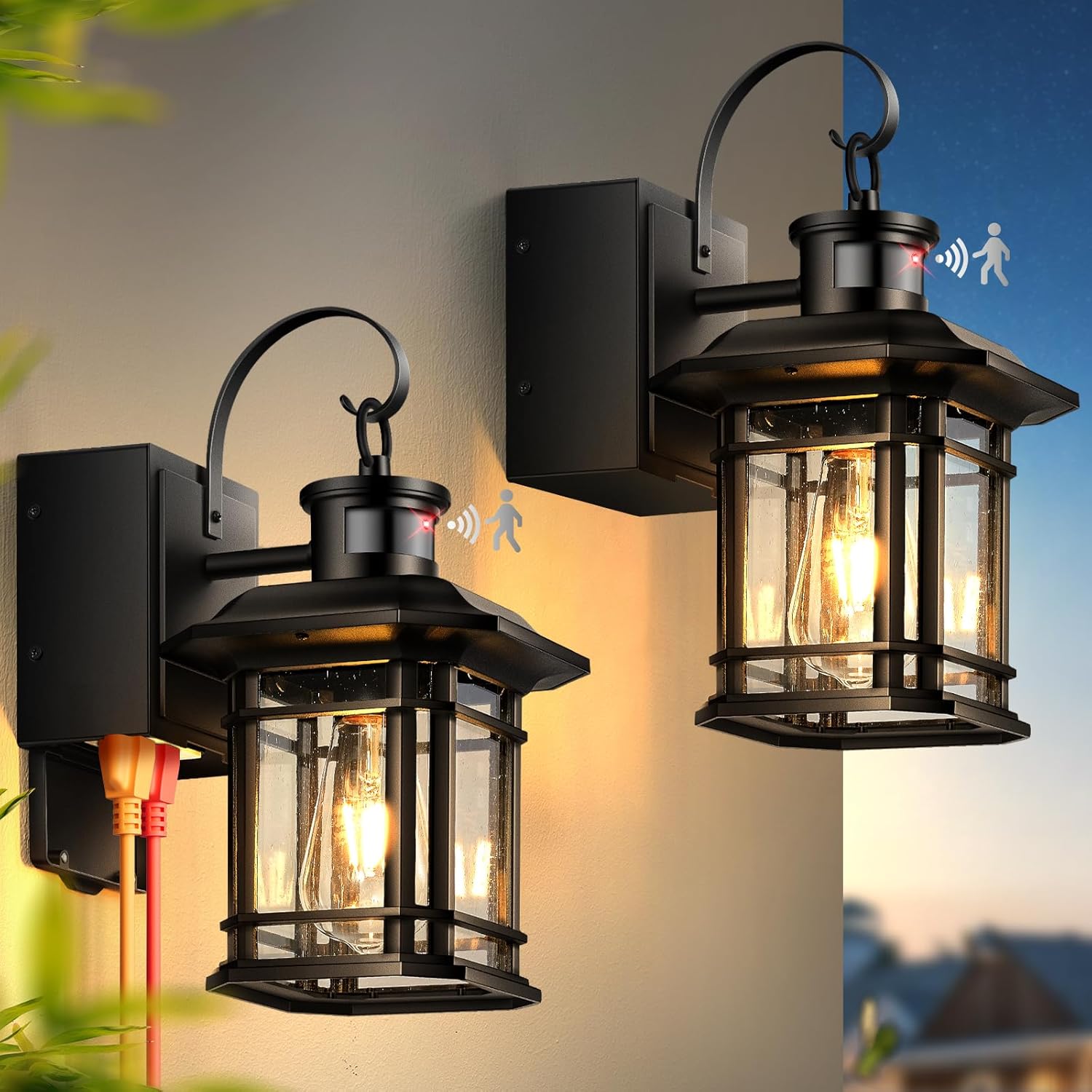 2 Pack Porch Light with GFCI Outlet, 3 Lighting Modes Motion Sensor Outdoor Lights, Dusk to Dawn Outdoor Light with Outlet, Black Outside Lights for House, Garage, Garden, Waterproof, Aluminum