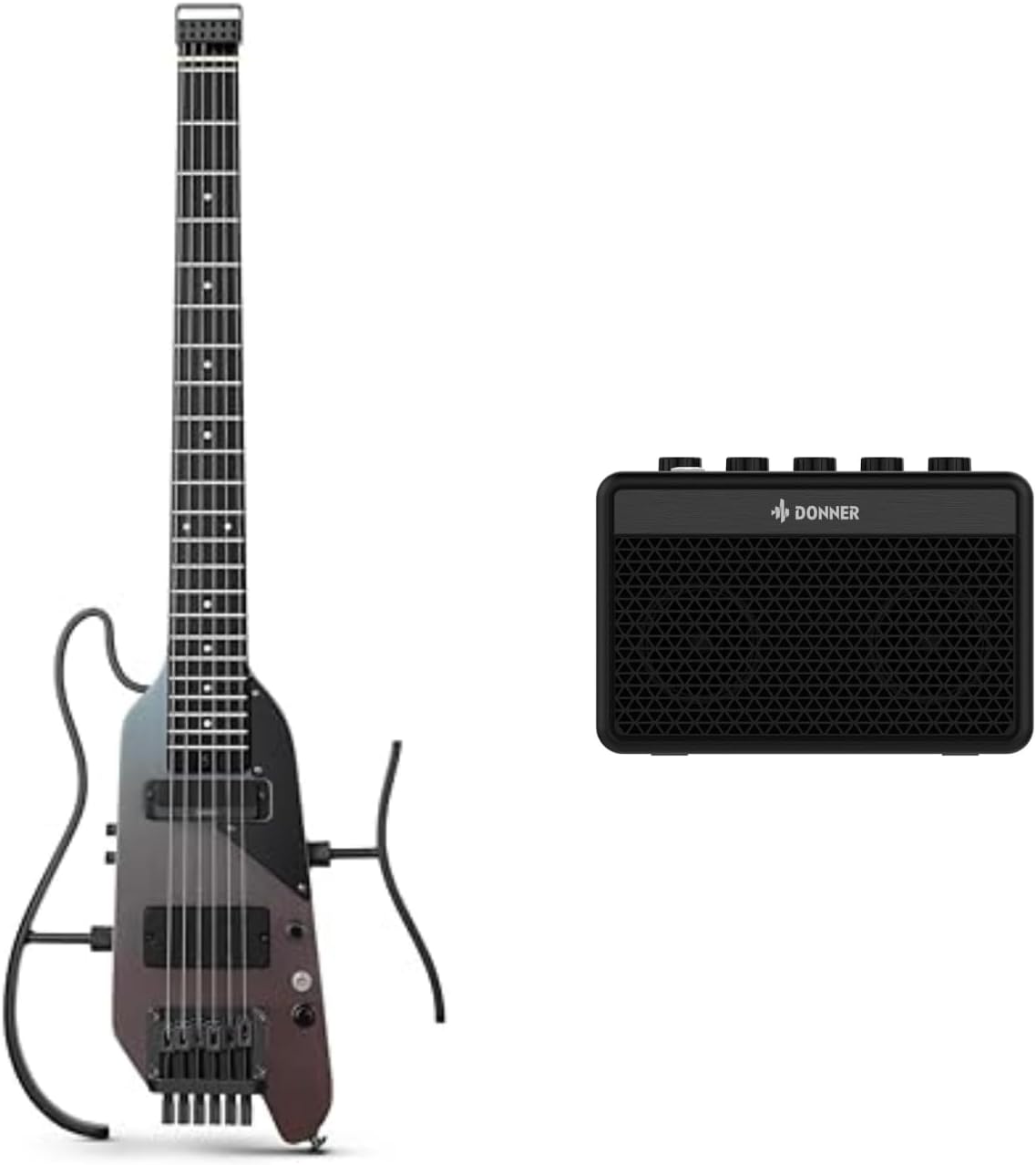Donner HUSH X PRO Electric Guitar Kit - Smart Travel Guitar with Dozens of Preset Combinations, 7 Tone Sim Options, Midnight Glow and Donner Mini Guitar Amp Small Electric Amplifier 5W
