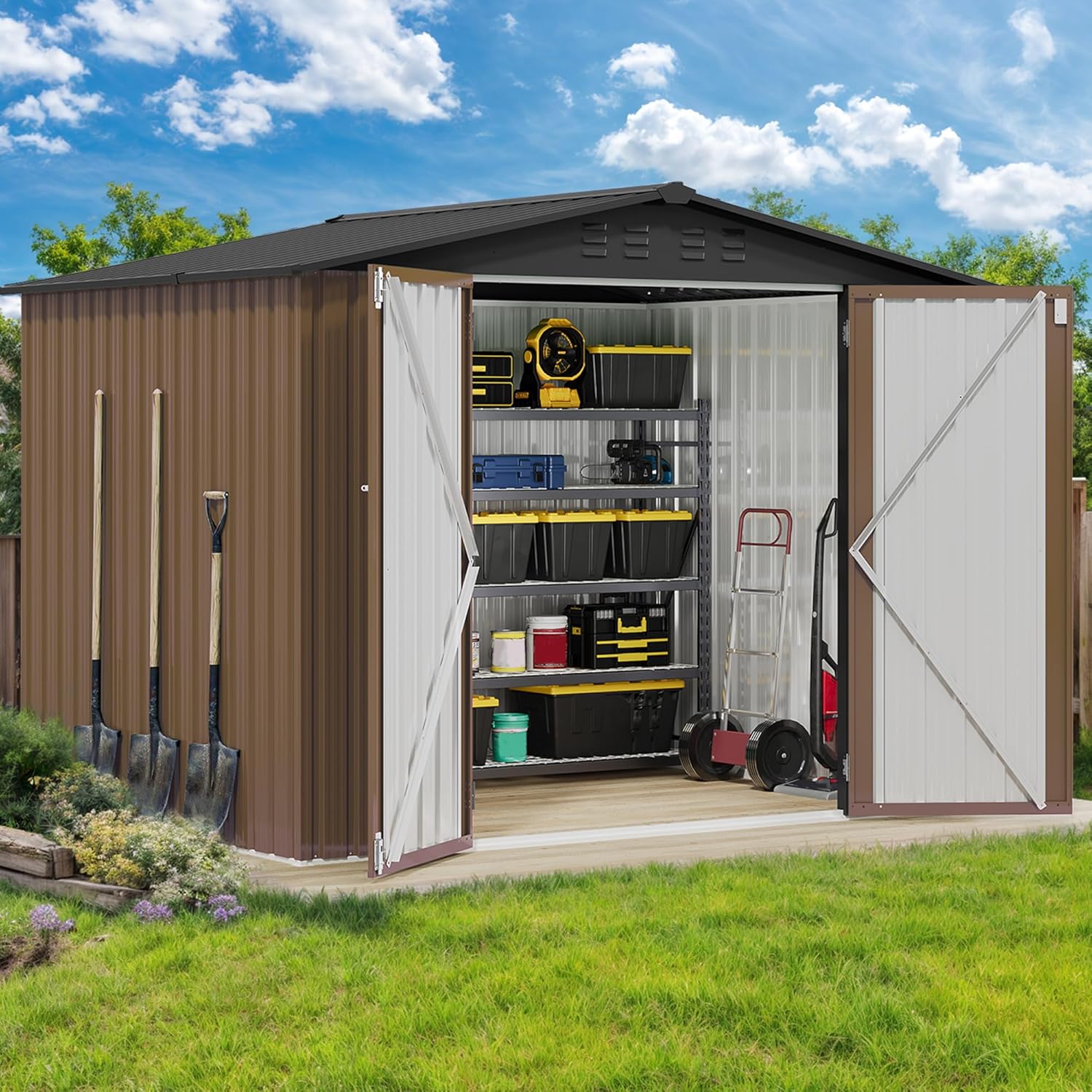 DWVO 8x6 FT Outdoor Storage Shed, Large Metal Tool Sheds, Heavy Duty Storage House with Lockable Doors & Air Vent for Backyard Patio Lawn to Store Bikes, Tools, Lawnmowers, Brown