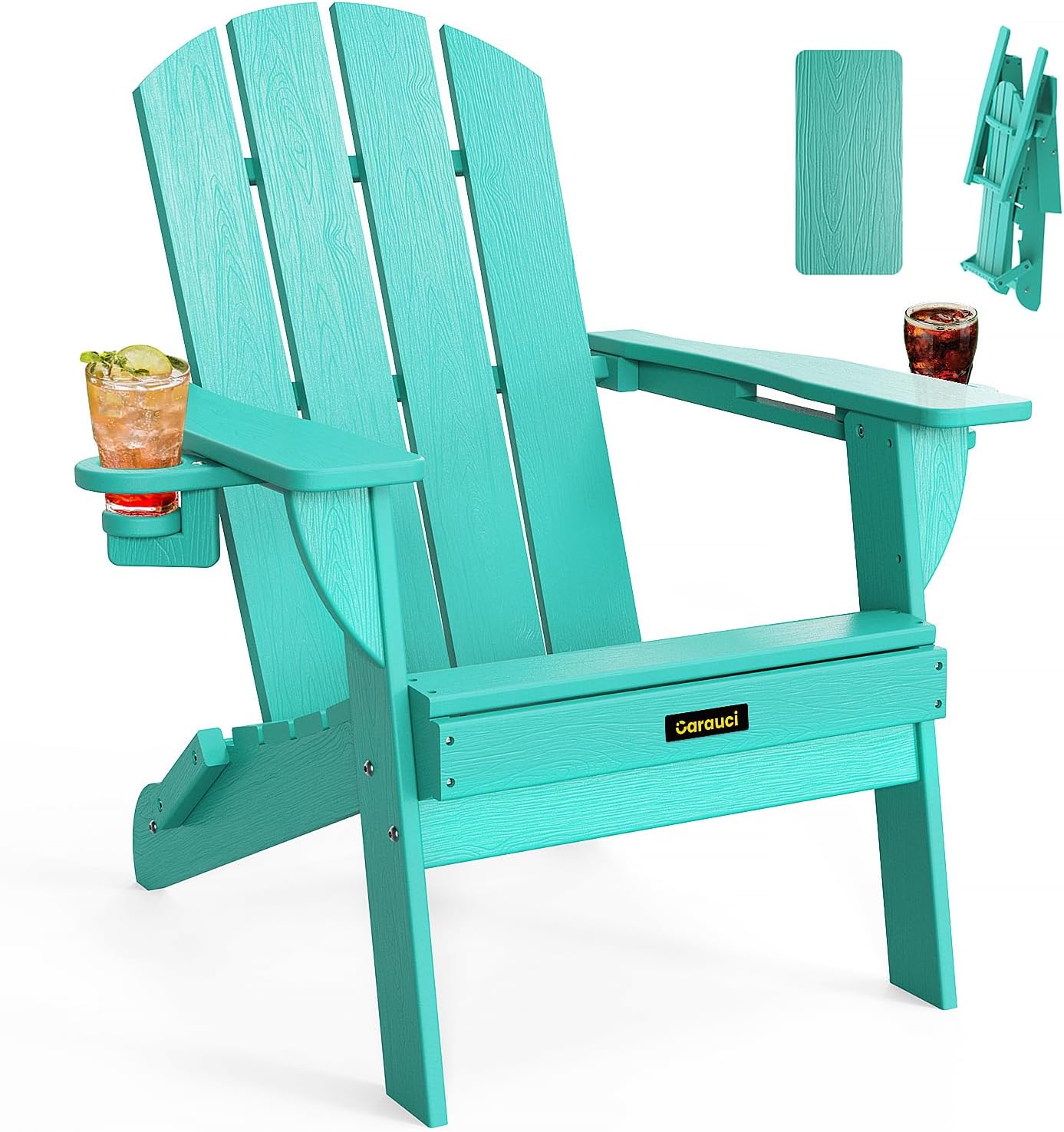 Folding Adirondack Chair, Wooden Textured Plastic Adirondack Chairs with 2 Cup Holder, Weather Resistant HDPE Fire Pit Chair, Outdoor Patio Chairs for Garden, Backyard, Lawn, Deck, 380LBS, Lake Blue