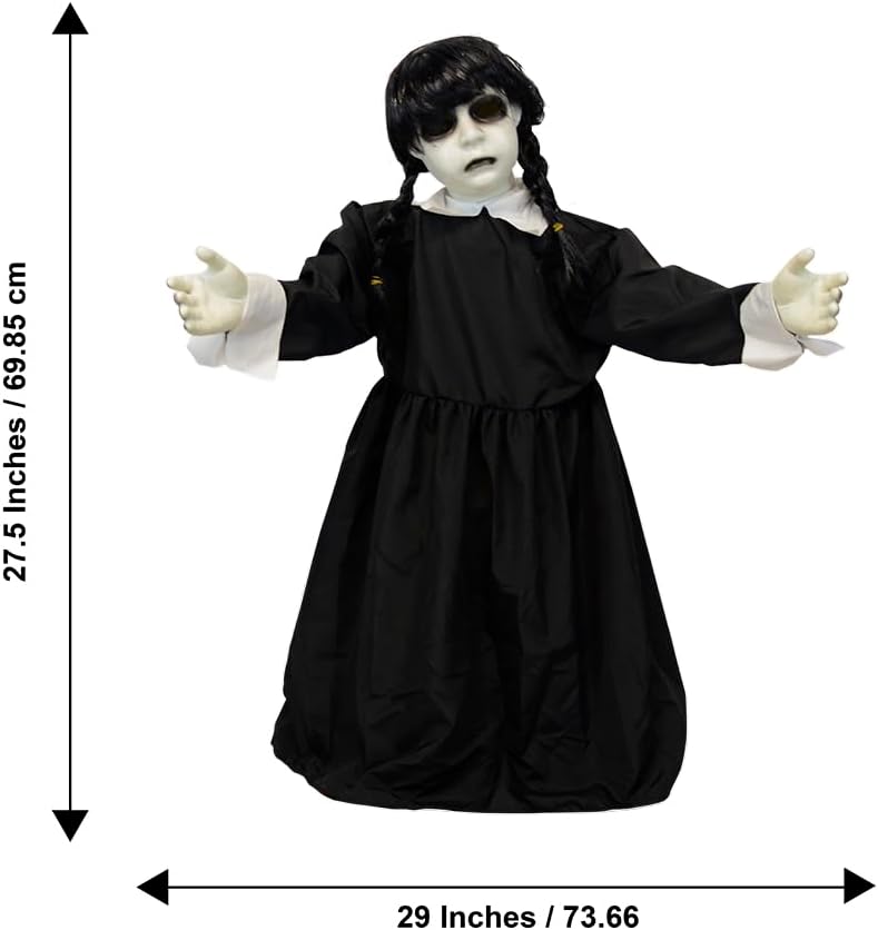 Treasure Gurus Scary Swaying Pigtails Girl Ghost Animatronics LED Light Up Eyes Spooky Sounds Haunted House Prop Halloween Party Decorations