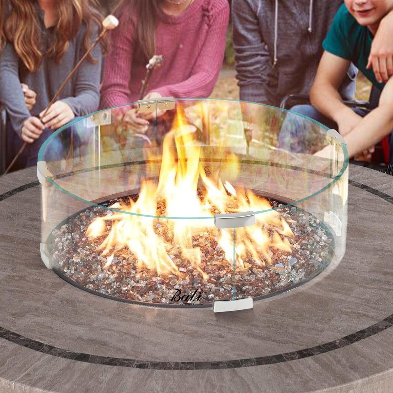 BALI OUTDOORS Fire Pit Wind Guard, 18.5 x 18.5 x6 Inch Clear Tempered Glass Flame Guard with Hard Aluminum Corner Brackets, Fits for Round Outdoor Fire Pit