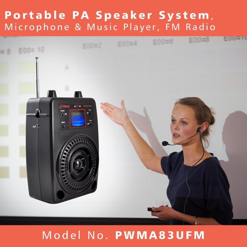 Pyle Portable PA System, Wireless Microphone Kit, Compact Stereo System, FM Radio, LCD Display, USB, Rechargeable Battery, Includes Lavalier Microphone Headset, Outdoor Surround Sound (PWMA83UFM)