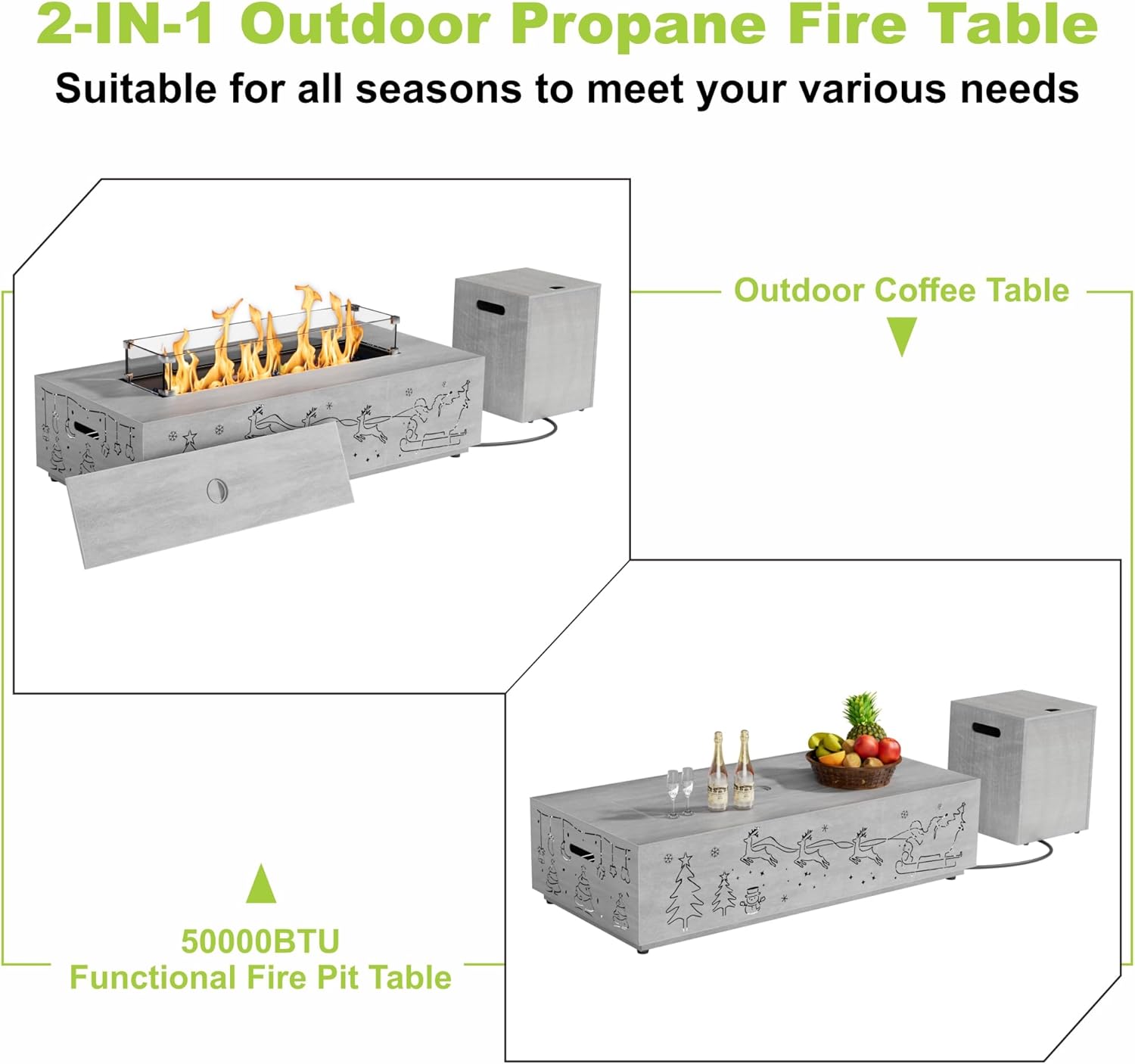 Outdoor Fire Pit Table with LED Light Propane Fire pits Outdoor Fireplaces 42″ Rectangular Firepit Table, 50,003 BTU Fire Table (Light Gray - RGB Light)