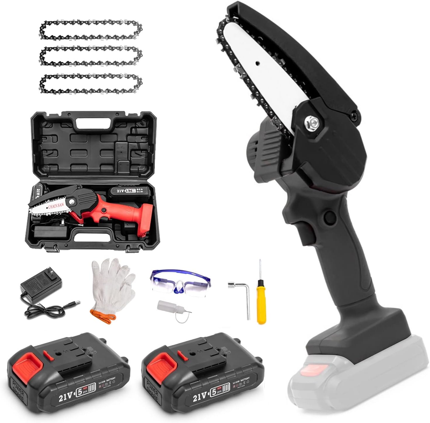 Mini Cordless Chainsaw Electric, Hand Portable Chain Saw, 4-inch Small Pruning Saw, with Security Lock,2 Batteries Powered Kit and 4Pcs Chains,for Tree Trimming Branch Wood Cutting