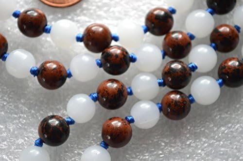 Moonstone and Obsidian Mala Necklace, Hand Knotted 8mm 108 Prayer Beads, Gift for Men Women, Unearth Your Inner Balance