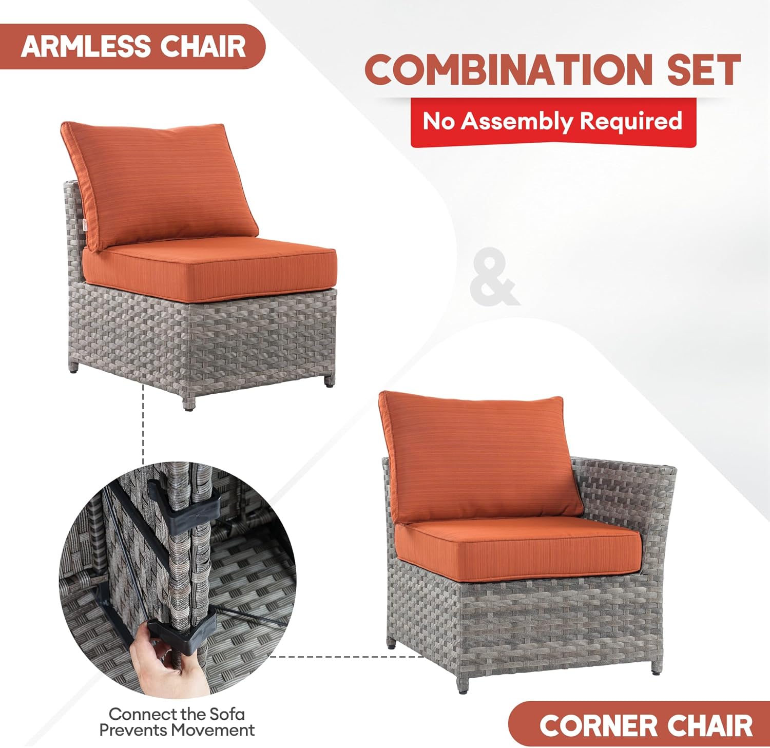 8 Pieces Patio Sectional Conversation Sofa Set, Wicker Outdoor Furniture Set with Swivel Rocker Chair and Square Fire Pit Table (Orange Red)