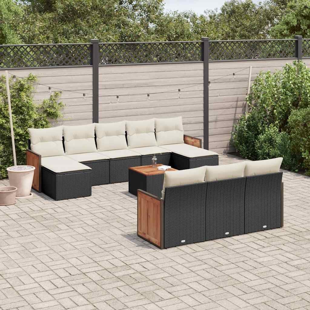 11-Piece Garden Sofa Set Black and Cream White, Modular Outdoor Furniture with PE Rattan and Steel Frame, Water-Resistant Cushion Storage, Durable Patio Seating for Balcony