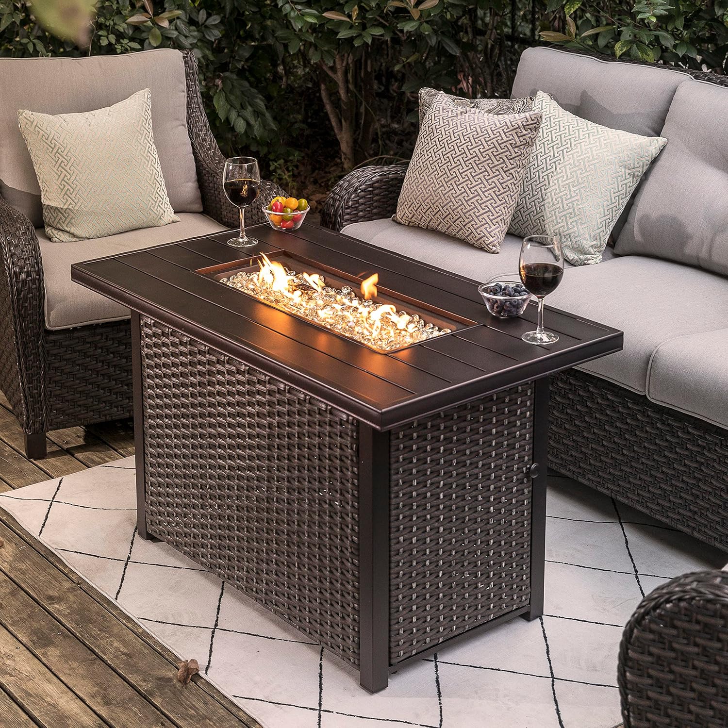 Nuu Garden 43 Inch Propane Fire Pit Table, CSA Certified 50,000 BTU Outdoor Patio Propane Fire Pit Table with 7 lbs Glass Stone & Removable Lid, Aluminum Tabletop, Water-Proof Oxford Cover, Brown