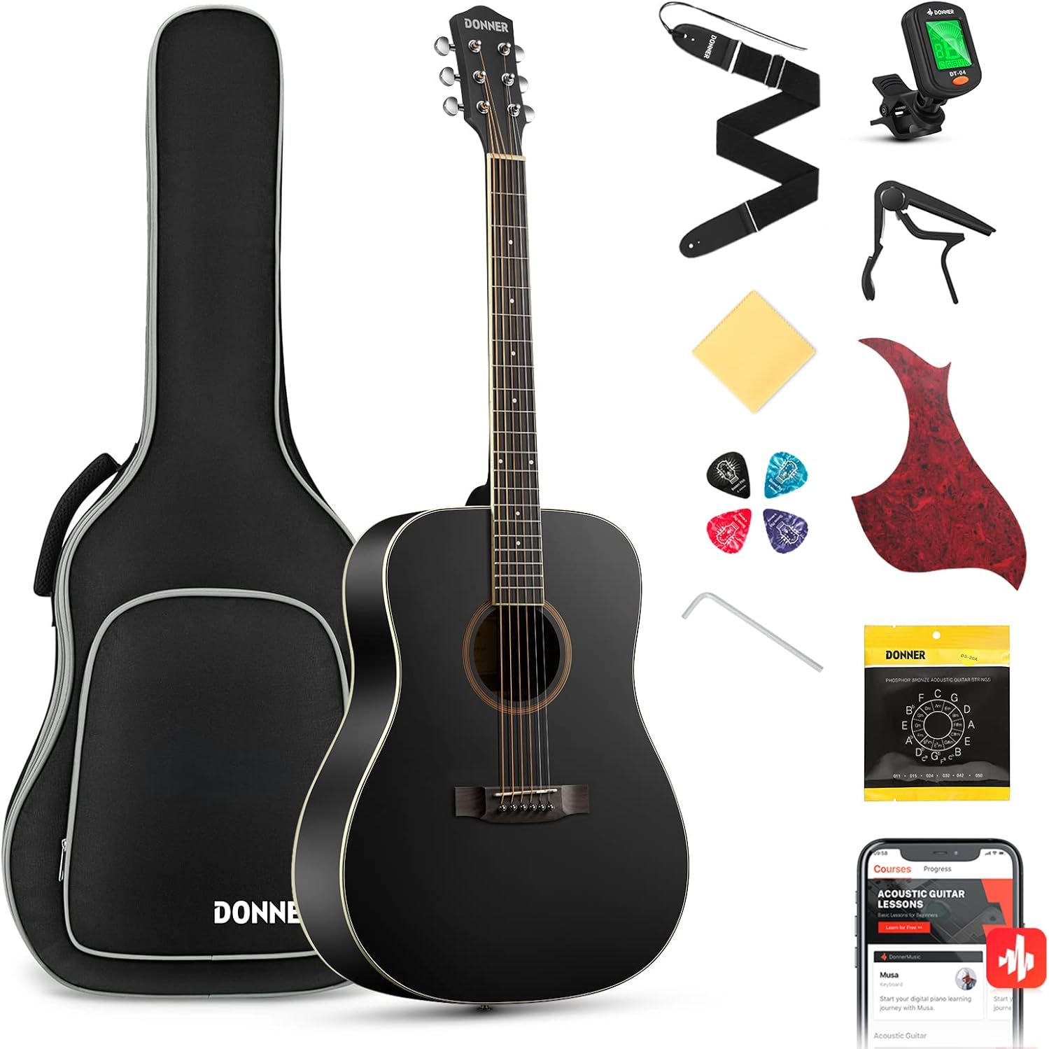 Donner 41'' Full Size Acoustic Guitar - Complete Beginner Kit for Adults, Teens with Free Online Lesson, Dreadnought Acustica Guitarra Bundle Set with Gig Bag, Strap, Tuner, Pickguard, Black DAG-1B