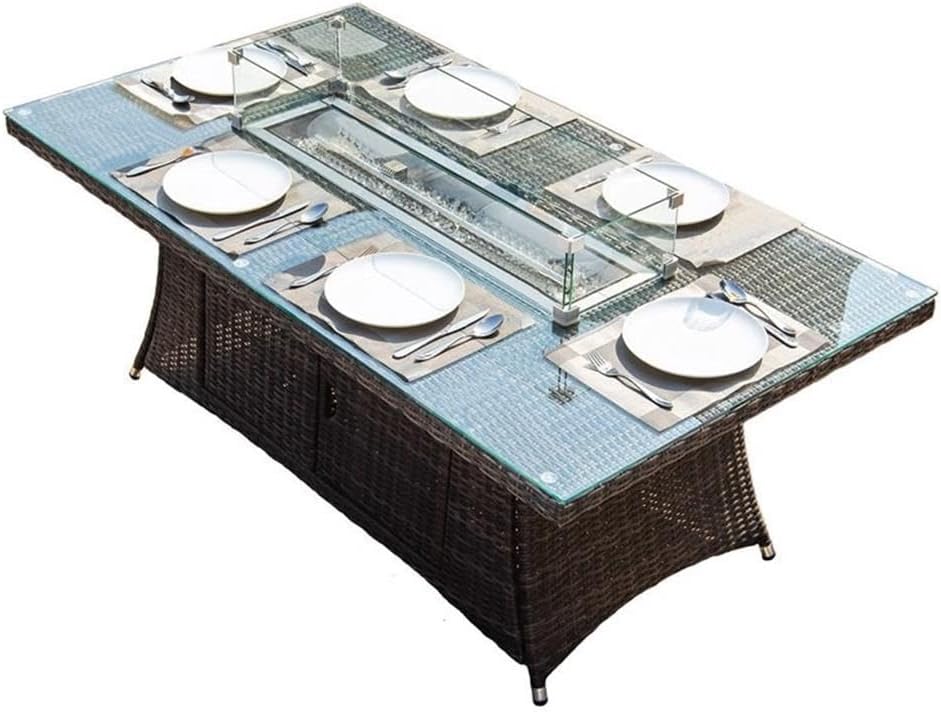 Direct Wicker Brown Aluminum Fire Pit Dining Table with Tempered Glass