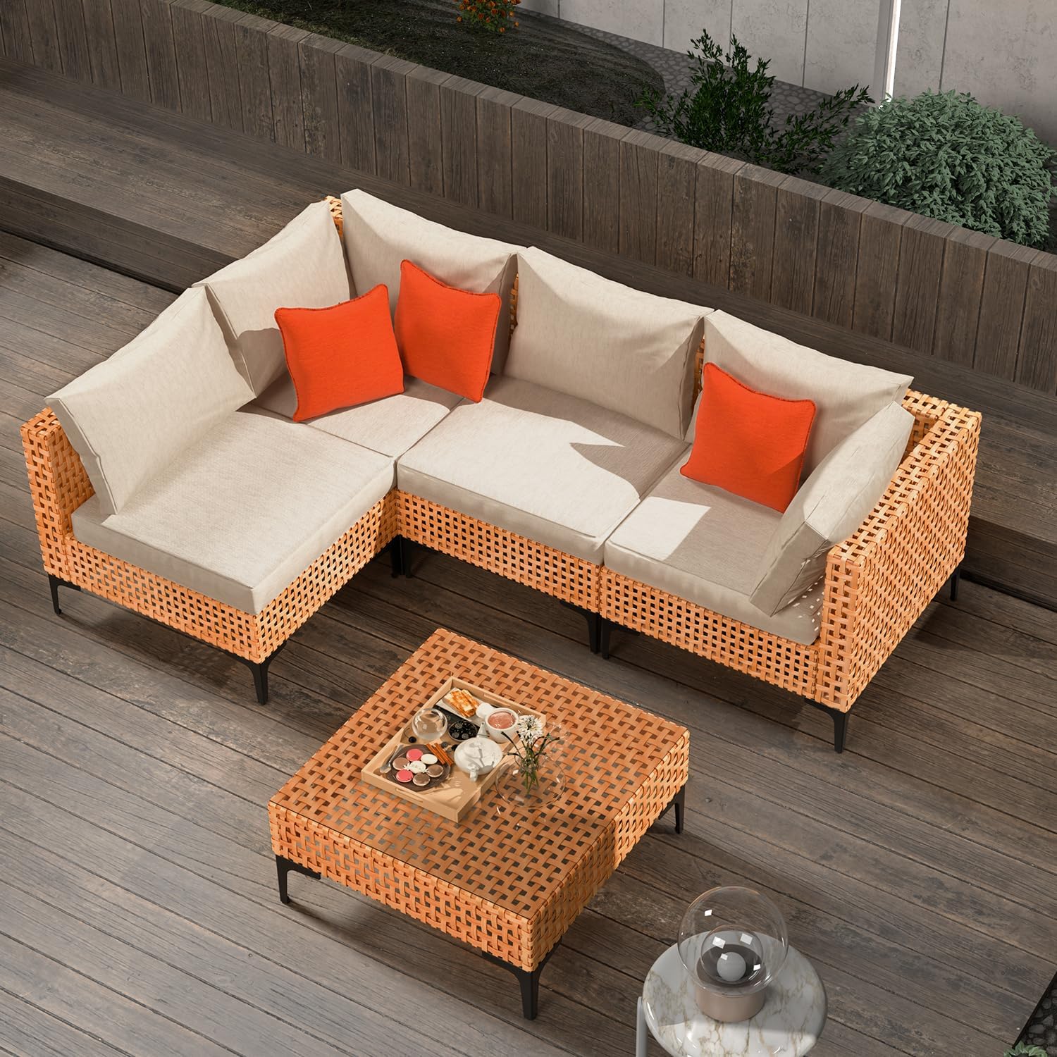 5 Piece Outdoor Patio Furniture Set Modular Wicker Sectional Sofa with Cushions and Table for Balcony, Porch, Deck, Yard (Salmon&Orange Wicker, Sand Cushion)