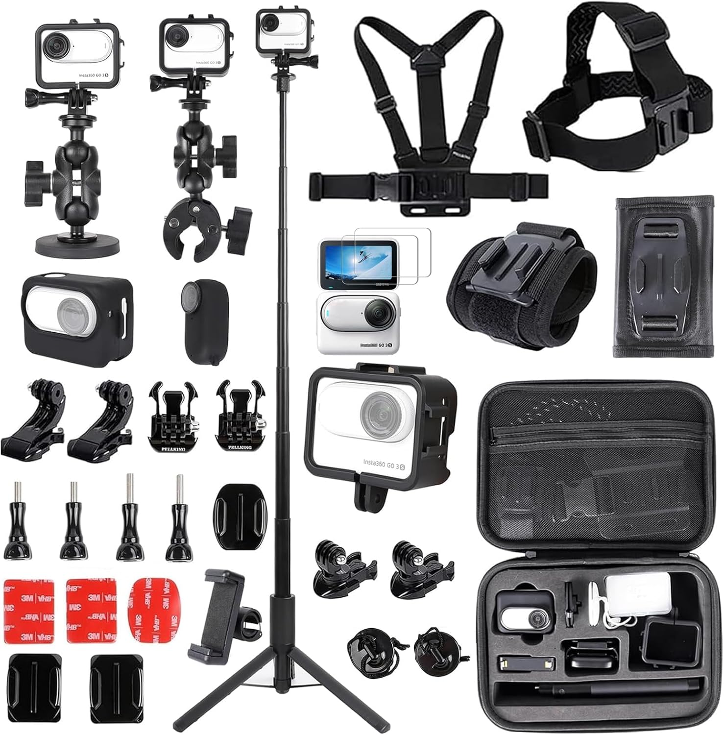 PellKing Accessories Kit for insta360 3/3S,Include Carrying Case with Handle,Selfie Stick,Chest Strap,Head Strap,Backpack Strap,Wrist Strap,Magnetic Mount,Handlebar Clamp,Screen Protector,and Other