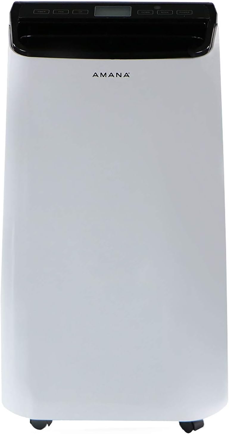 Amana 10,000 BTU Portable Air Conditioner for Living Room, Bedroom, Basement, Kitchen, 115V, Cools up to 350 Sq.Ft. with Remote, 24H Timer, 3-Speed, LCD Display, Auto-Restart, Wheels, White/Black