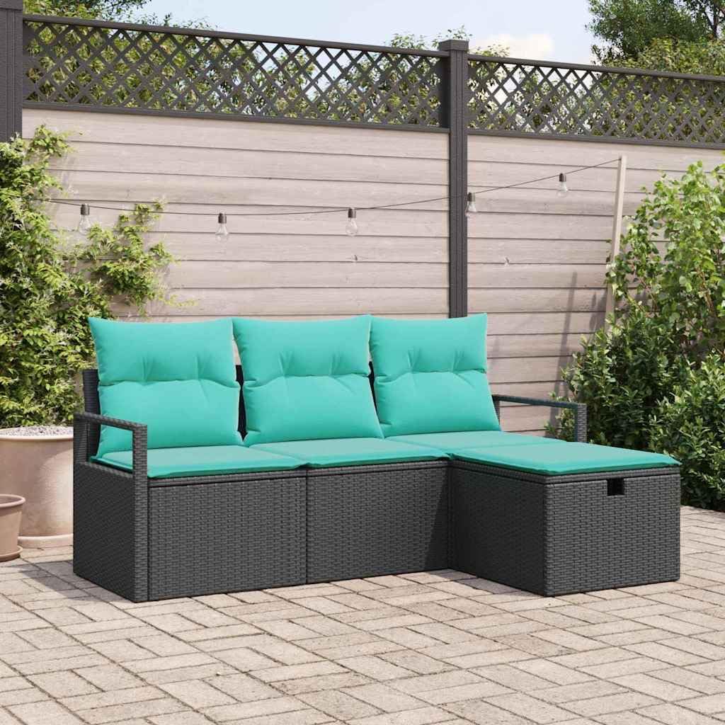 Black Poly Rattan Garden Sofa Set, 4-Piece Outdoor Patio Furniture with Cushions, Powder-Coated Steel Frame, Modular Design for Balcony, Durable All-Weather Seating