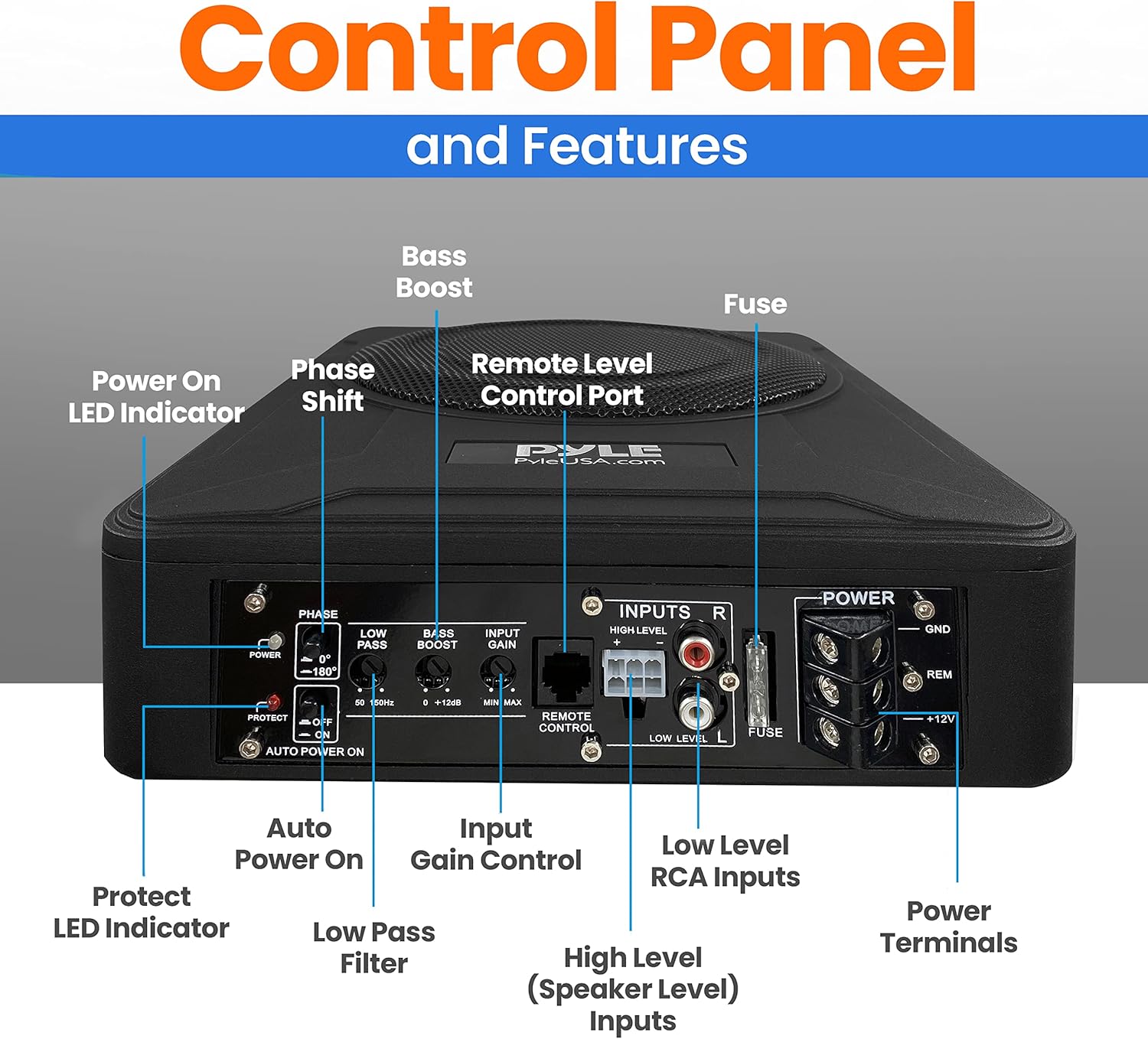 Pyle 8-Inch Low-Profile Amplified Subwoofer System - 600 Watt Compact Enclosed Active Underseat Car Audio Subwoofer with Built In Amp, Powered Car Subwoofer w/ Low & High Level Inputs - Pyle PLBX8A