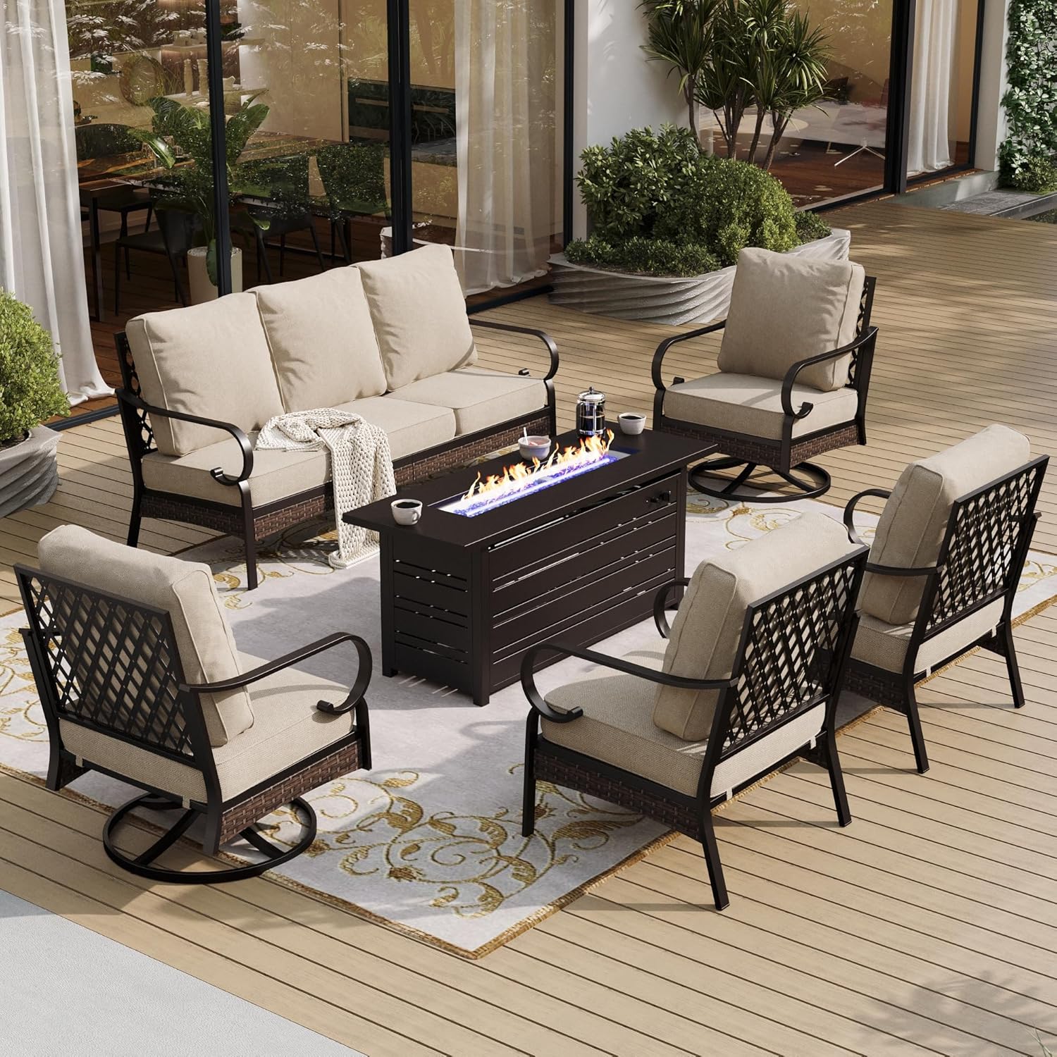 6 Piece Metal Outdoor Patio Furniture Sets with Firepit Table, Patio Conversation Sets 1 3-Seater Sofa, 2 Leg Chair and 2 Swivel Chair with 5.75